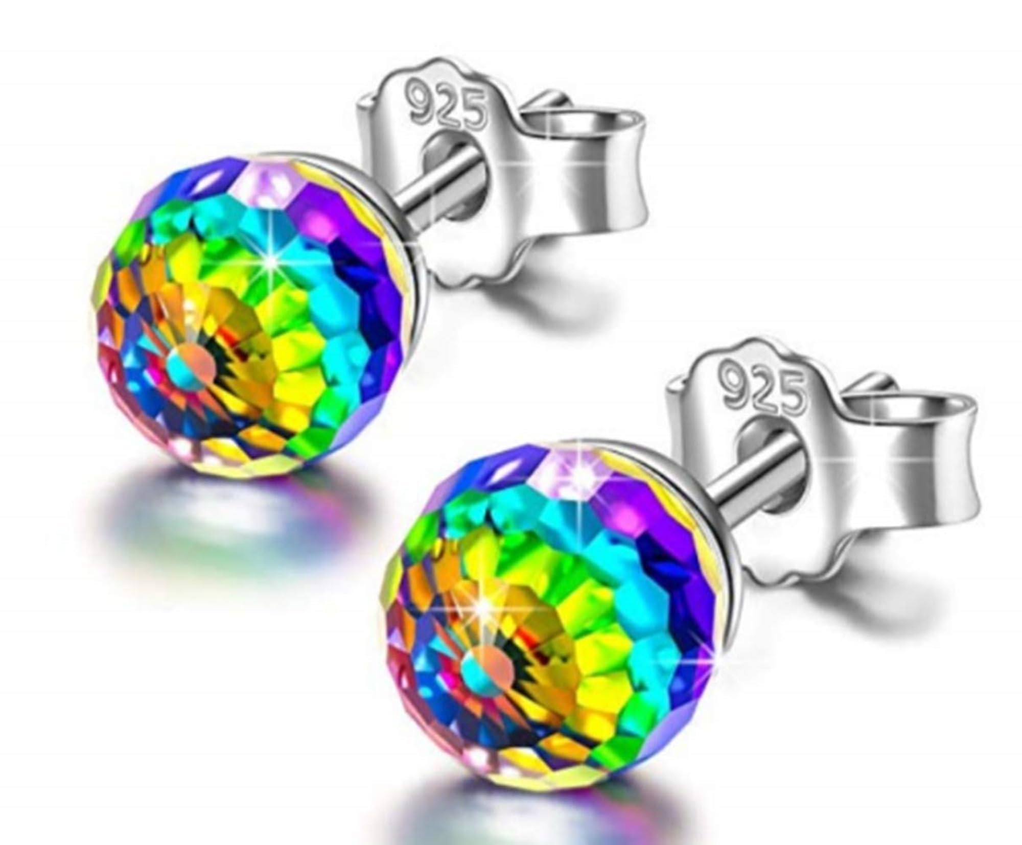 HOMEYU 925 Sterling Silver Aurora Borealis Ball Stud Earrings with Crystal Hypoallergenic