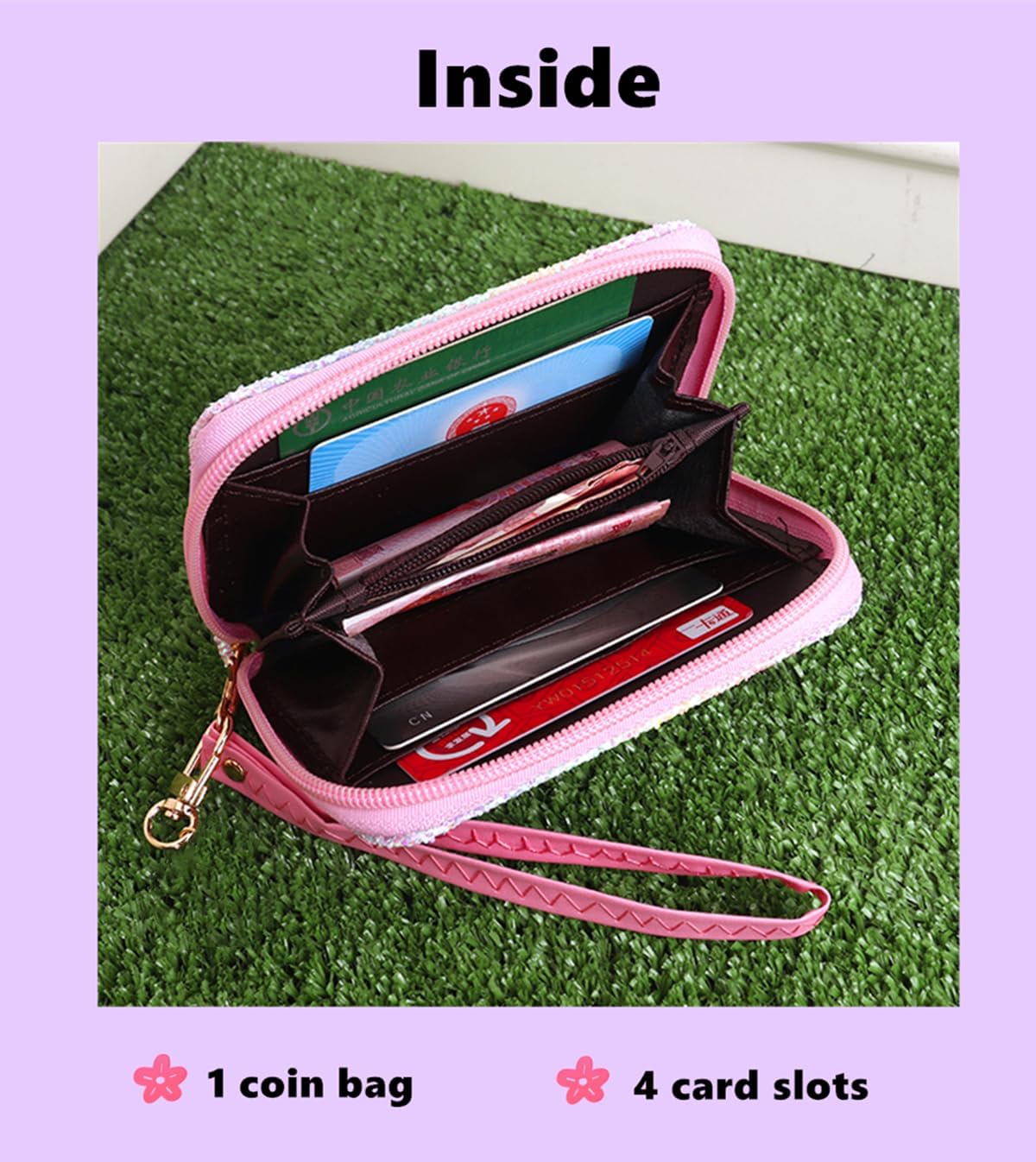 Little Girls Fairy Wallet with Strap, Mushroom Design, Cute Mini Coin Purse, Bi-fold, Faux Leather, 3 Compartments, Zipper Closure - Image 3