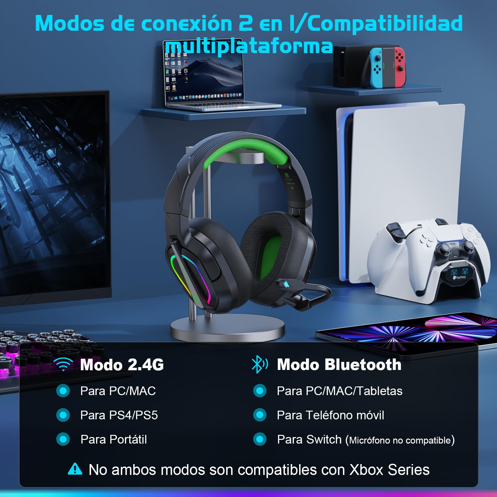 Fachixy「2025 Nuevo」FC200 Cascos Gaming Inalámbricos para PC, PS5, PS4, Auriculares Gaming Inalámbricos de 2,4GHz Wireless+Bluetooth - Baja Latencia, Duración 40Hr+, Luces RGB (Verde-Negro)