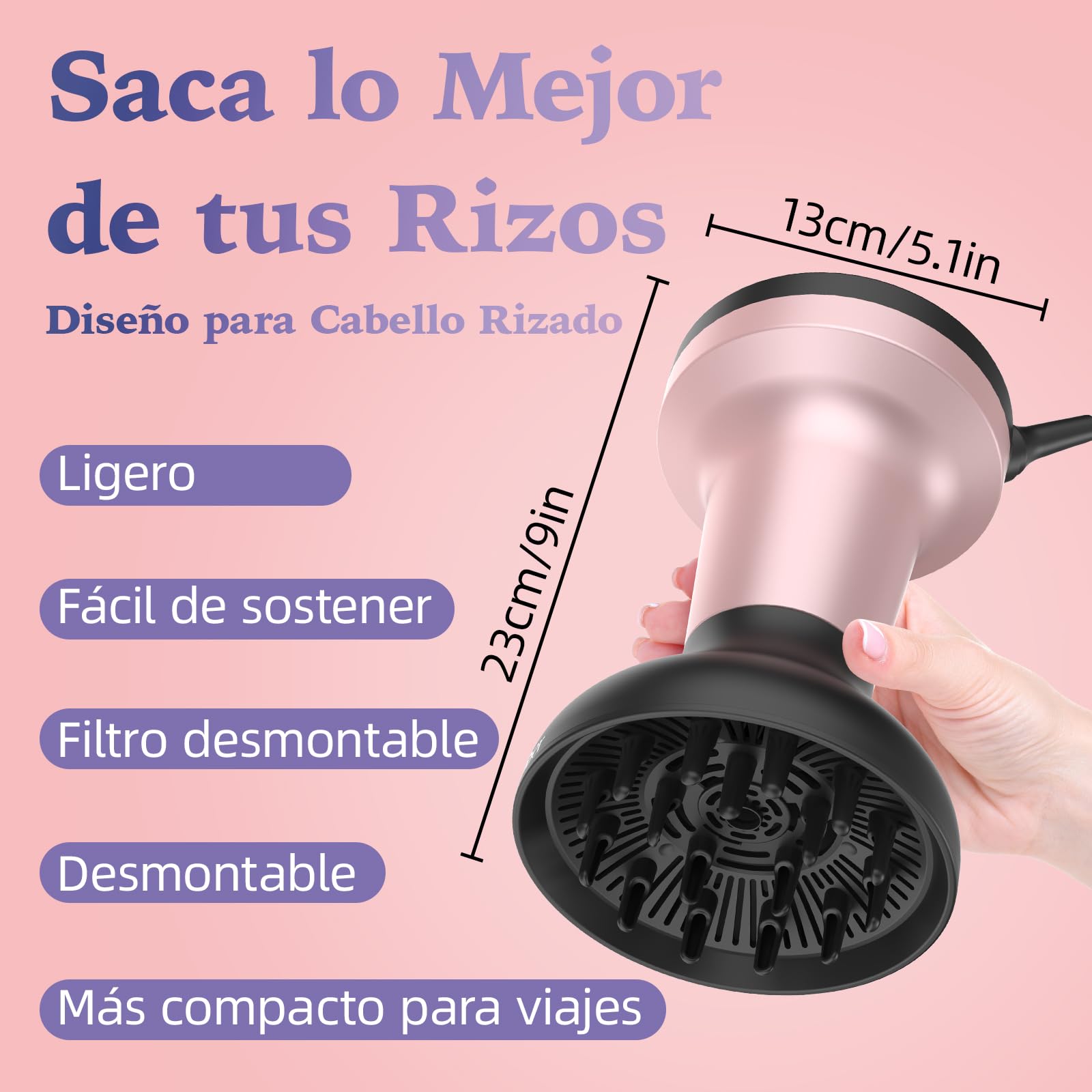 Difusor Pelo Rizado Profesional 2 en 1, 1700-2000W, 3 Temperaturas/2 Velocidades, Iones Negativos