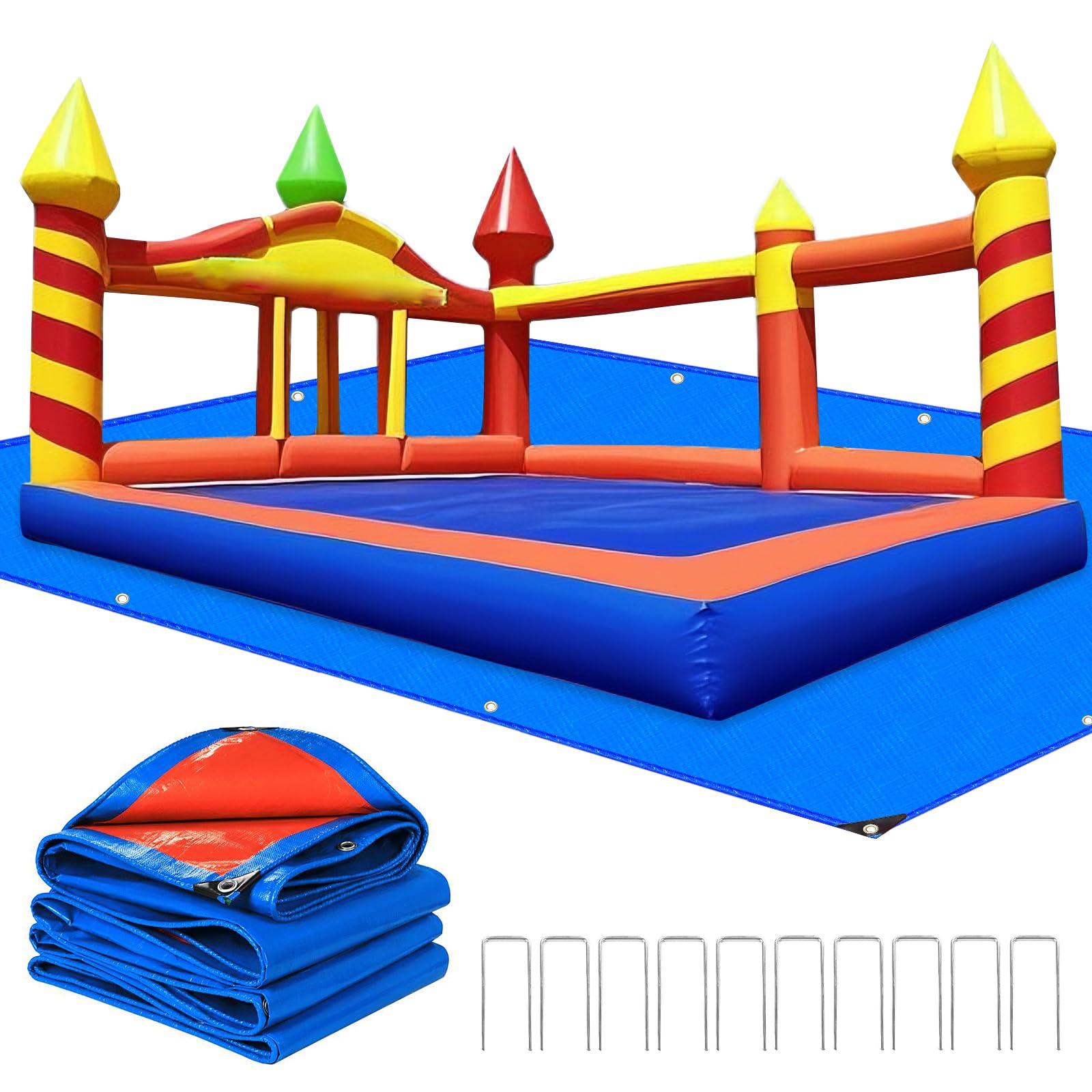 Bounce House Mat 197x118 Inch Heavy-Duty Waterproof PE Pad for 15ft Inflatable Bouncers, Jumping Castles Protective Underlay Pad with 10 Metal Ground Stakes and Reinforced Edges