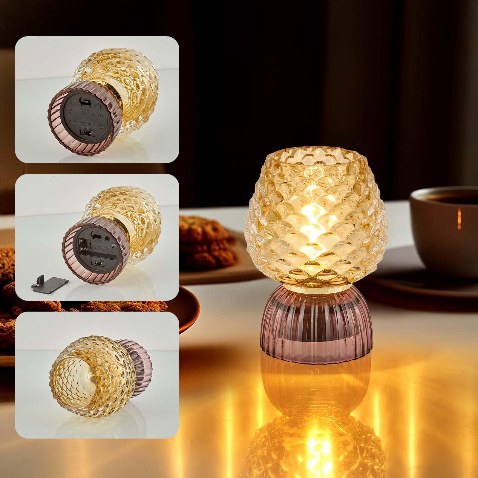 Lámpara a pilas con temporizador, bonita lámpara de mesa de cristal inalámbrica pequeña para decoración del hogar, cocina, baño, regalo de cumpleaños para mujeres, piña, ámbar 9