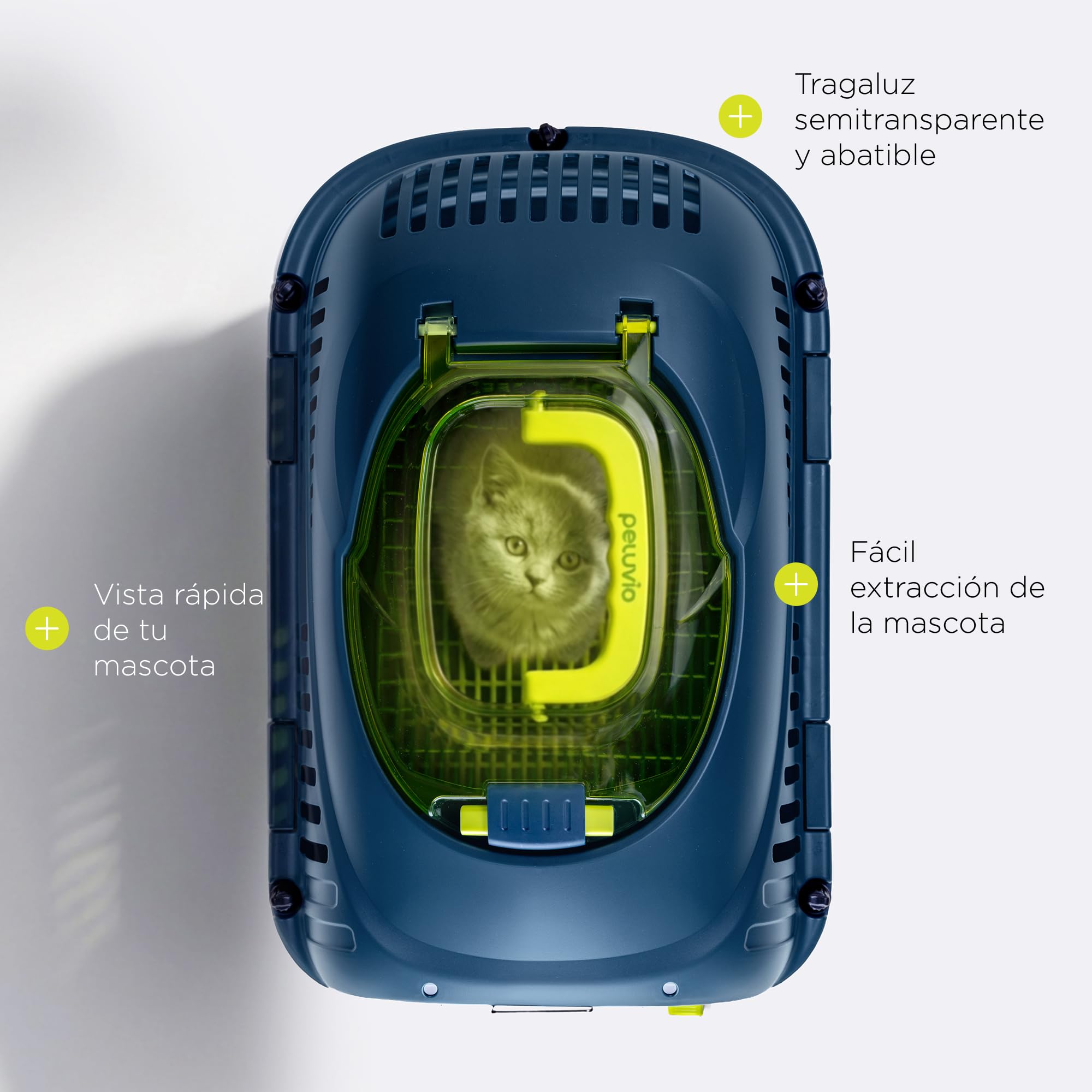 Safy Transportín para Gatos Rígido, Carcasa PP, Puerta de Metal con Doble Cierre Seguro, Ventilación 360, Asa Plegable, Rejilla para Empapador y Cuenco Colgable, para Coche y Viaje, hasta 5 kg