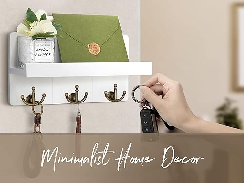 Miniatura 5 de Rebee Vision Soporte para llaves de pared con estante elegante organizador de correo de granja con estante flotante decorativo y 3 ganchos de