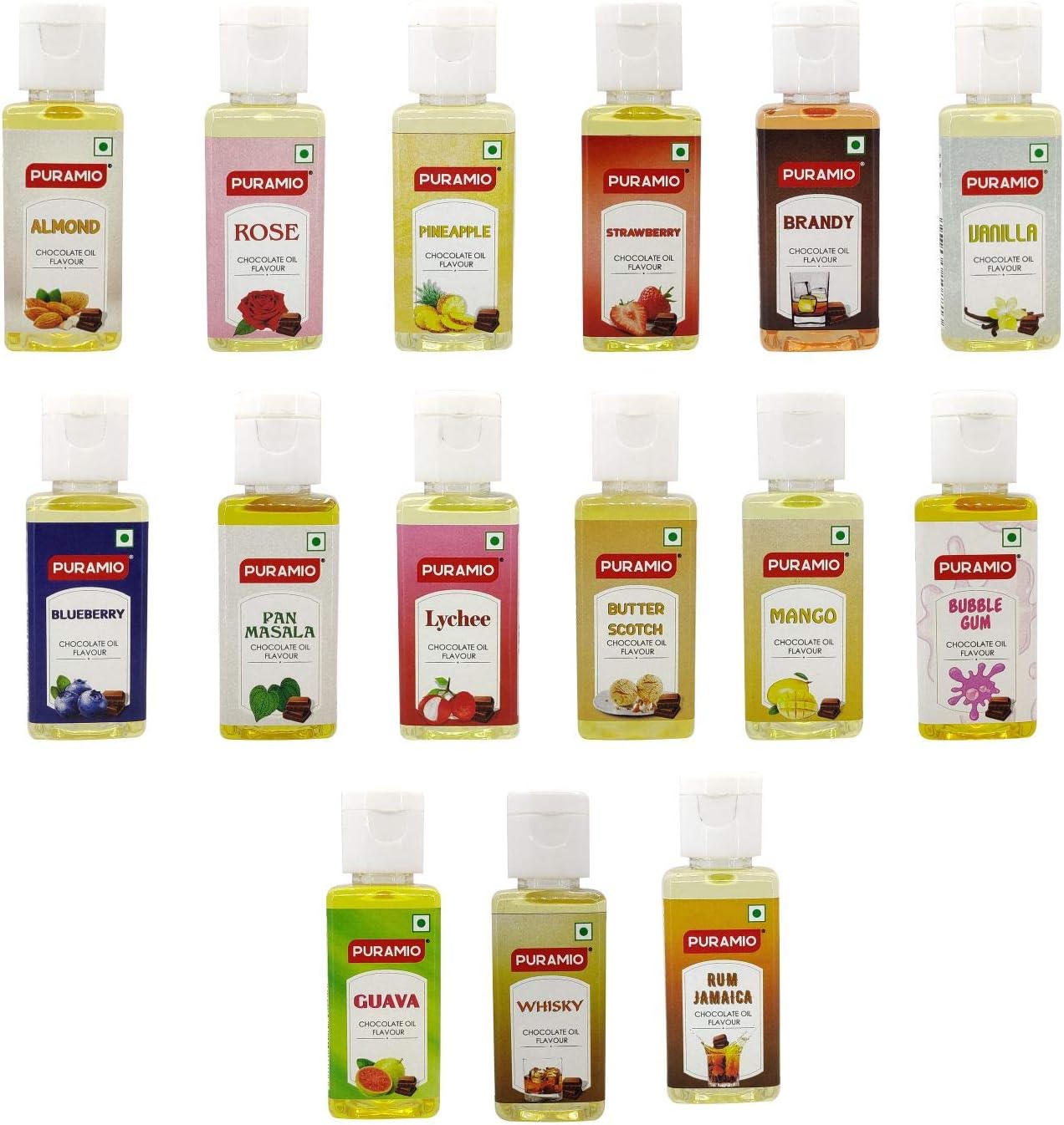 Puramio Chocolate Oil Flavour Combo (Pack of 15) 50ml Each, (Brandi, Guava, Lychee, Rose, Rum, Vanilla, Whisky, Blueberry, Pan Masala, Almond, Pineapple, Bubble Gum, Strawberry, Mango, Butterscotch)