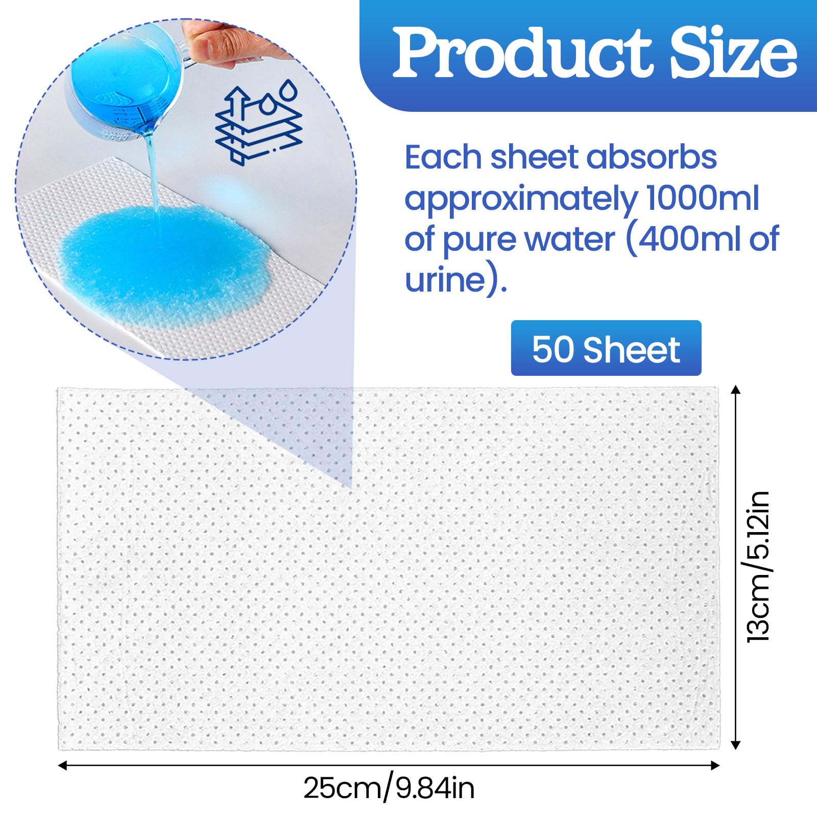 50 PCS Alfombrillas Superabsorbentes para Inodoro 25 x 13 cm, Alfombrillas Desechables Portátiles para Mesitas de Noche, Neceseres y Cuñas, Ajuste Universal para Cuidados del Enfermo o Viaje