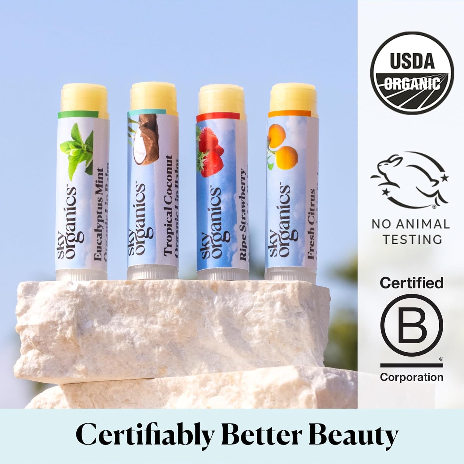 Sky Organics Balsamo Labbra alla Cera d'Api- Burrocacao Labbra Biologico - Certificazione Biologica USDA - Lip Balm - Idrata, Lenisce e Ammorbidisce, Confezione da 4