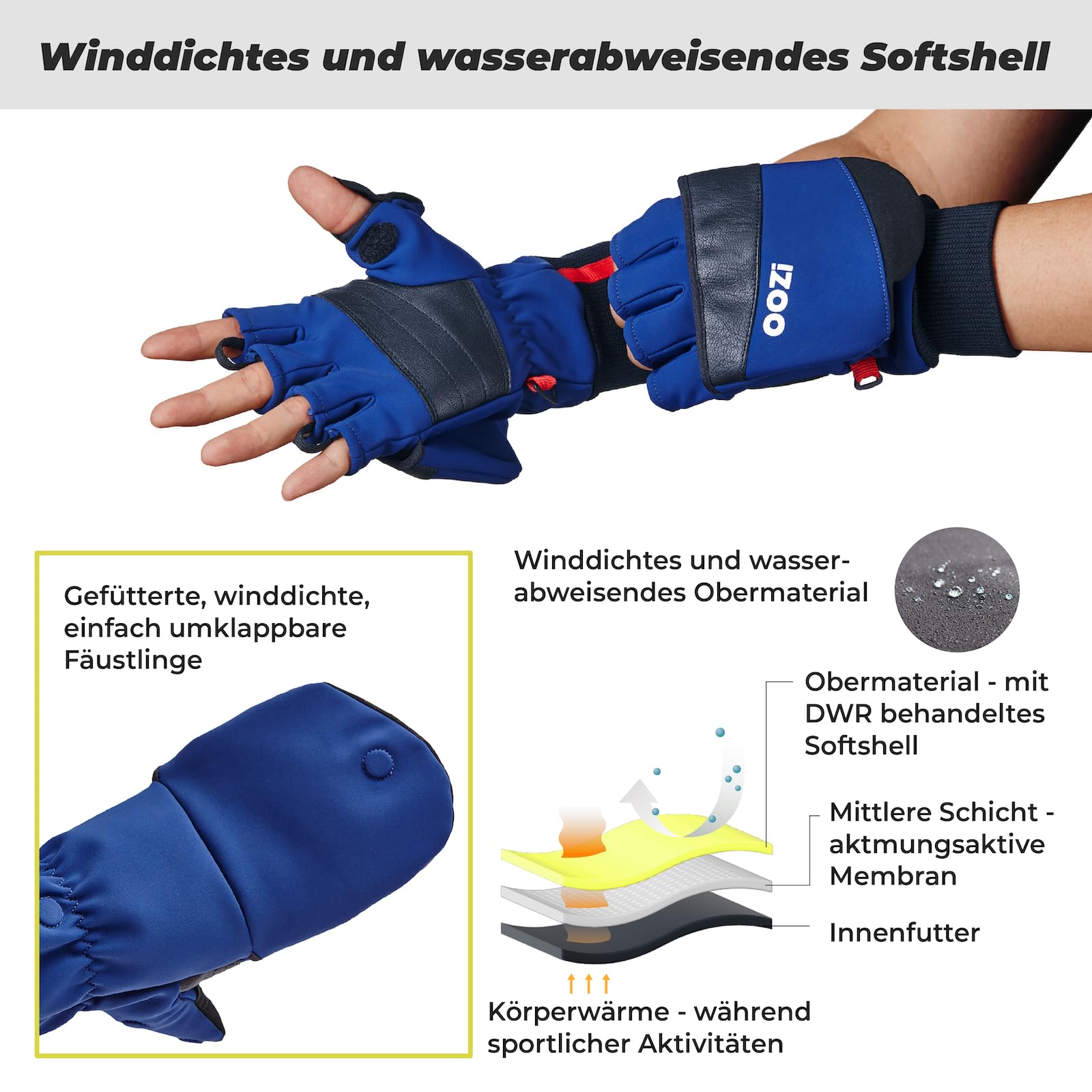 OOZi Winterhandschuhe Herren Damen – Convertible Fäustlinge mit Touchscreen-Klappkappe, Winddicht, Thermo-Fleece, Anti-Rutsch-Grip, Magnetverschluss -für Wandern Outdoor Radfahren