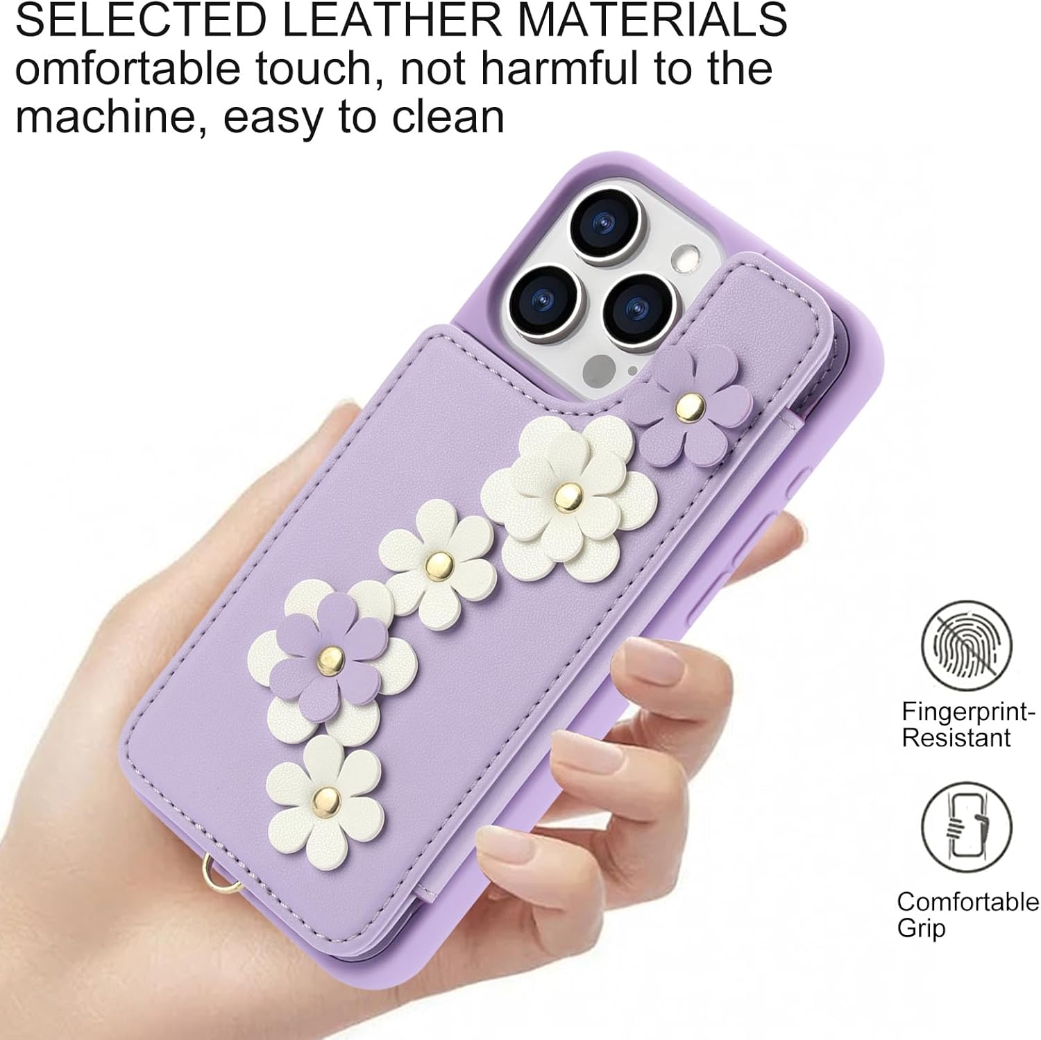 Wallet Case Compatible with iPhone 14 pro max with Lanyard for Women Girls Flower PU Leather Cover with Card Holder and Wrist Strap Flip Cover with Stand 4 Card Slots Protective Case,Purple