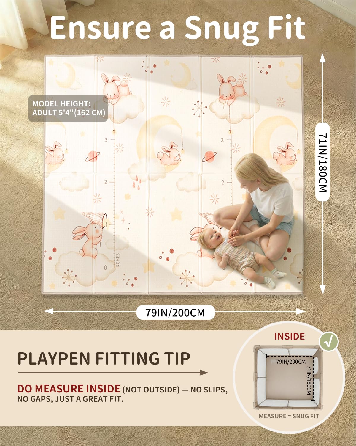 Joypony Tappetino da gioco pieghevole per bambini, 180 x 200 cm, impermeabile e antiscivolo, con borsa per il trasporto, ideale per neonati e bambini conigli