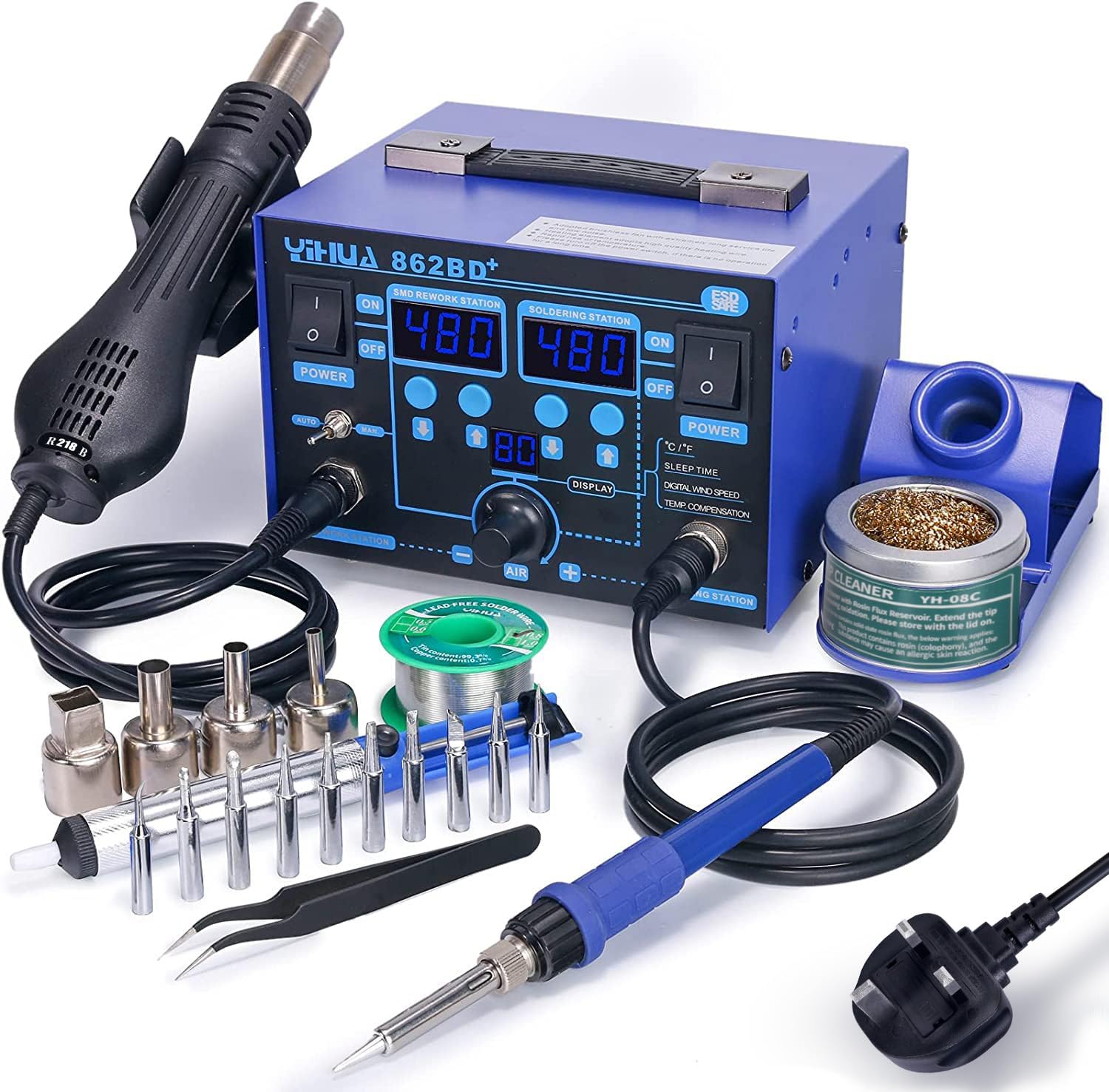 YIHUA 862BD+ SMD Hot Air Rework Station Soldering Iron Station, 2 in 1 station with Temperature Stabilization Function and Electronic DIY Projects Rework Repair(UK PLUG)