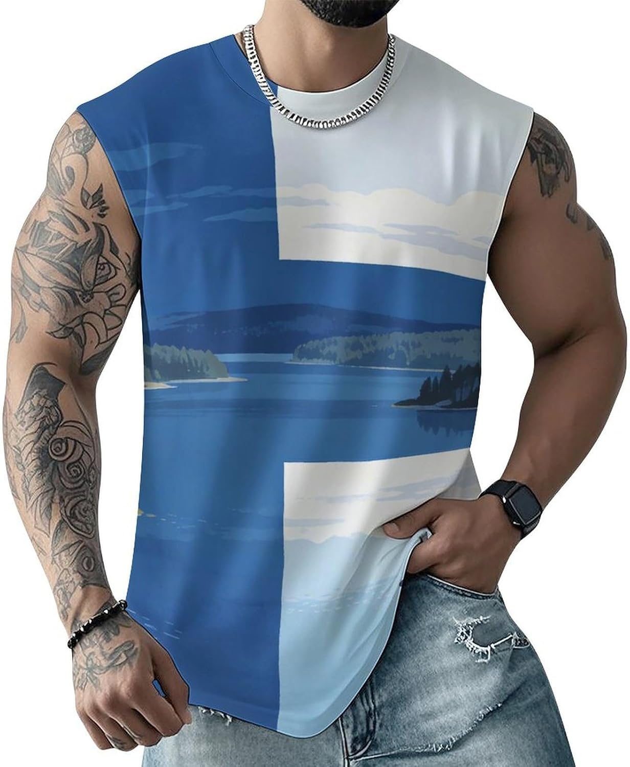 Finnish Flag Finland Lake Men's Sleeveless Shirt Small