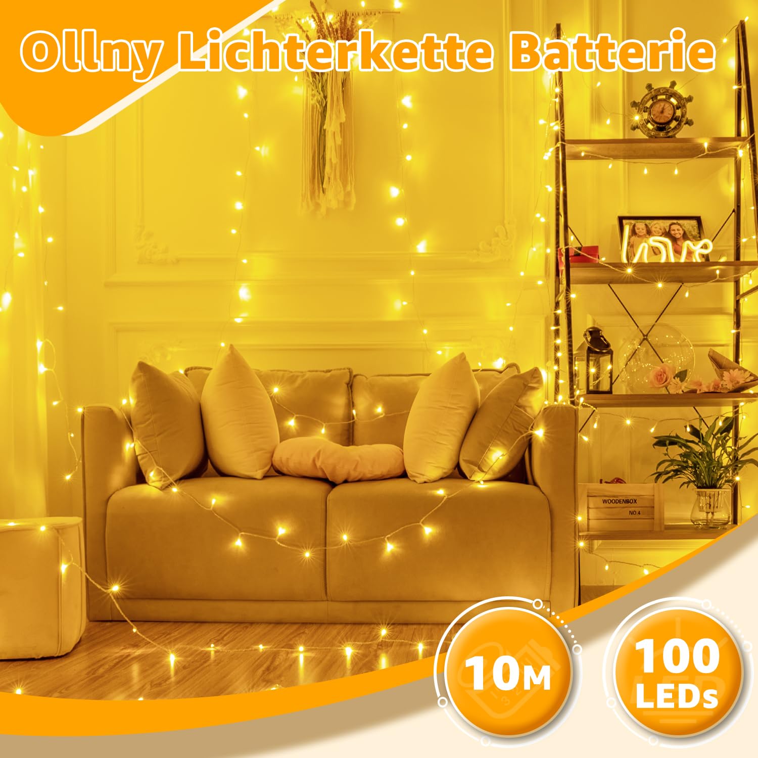 Ollny Catena Luminosa 10m 100 LED: Luce Bianca Calda, 8 Modalità, Timer, IP44, Batteria - 2