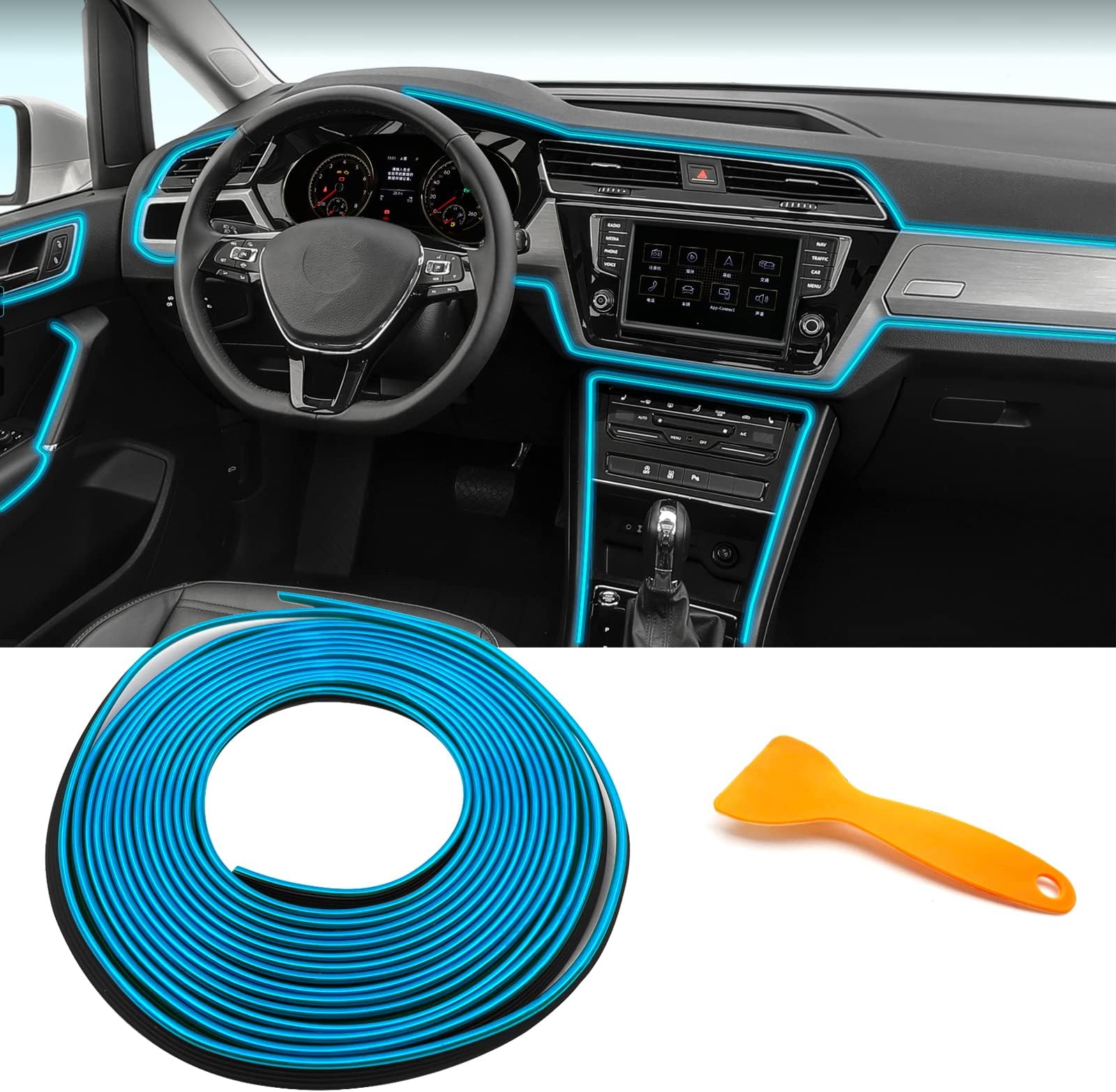 32FT Car Interior Trim Strip, Plated Insert Car Trim Stripe Tape, Universal Car Seam Filler, Flexible Car Interior Trim Accessories (Blue)