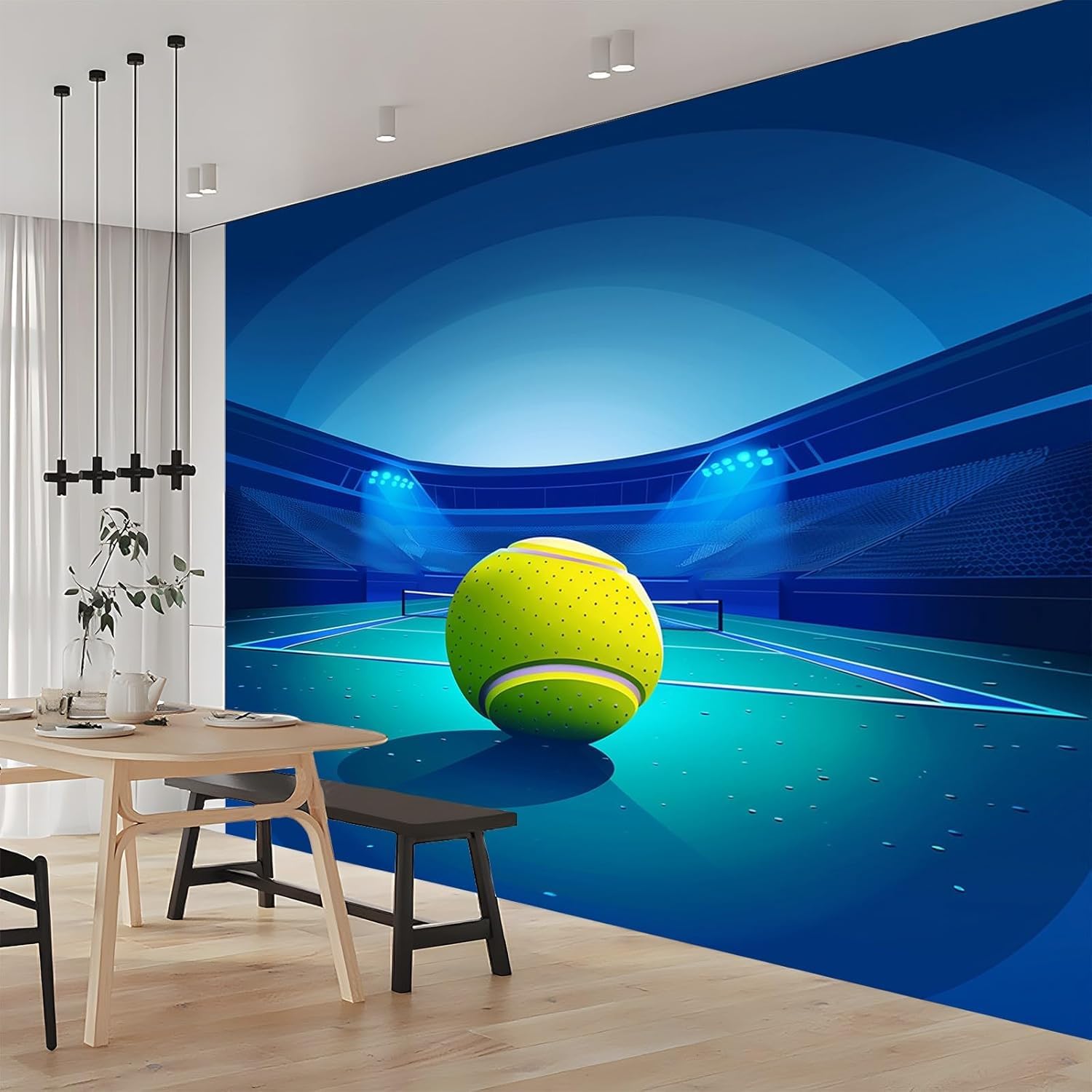 Papier peint panoramique tennis insuffle l'énergie du stade bleu au salon