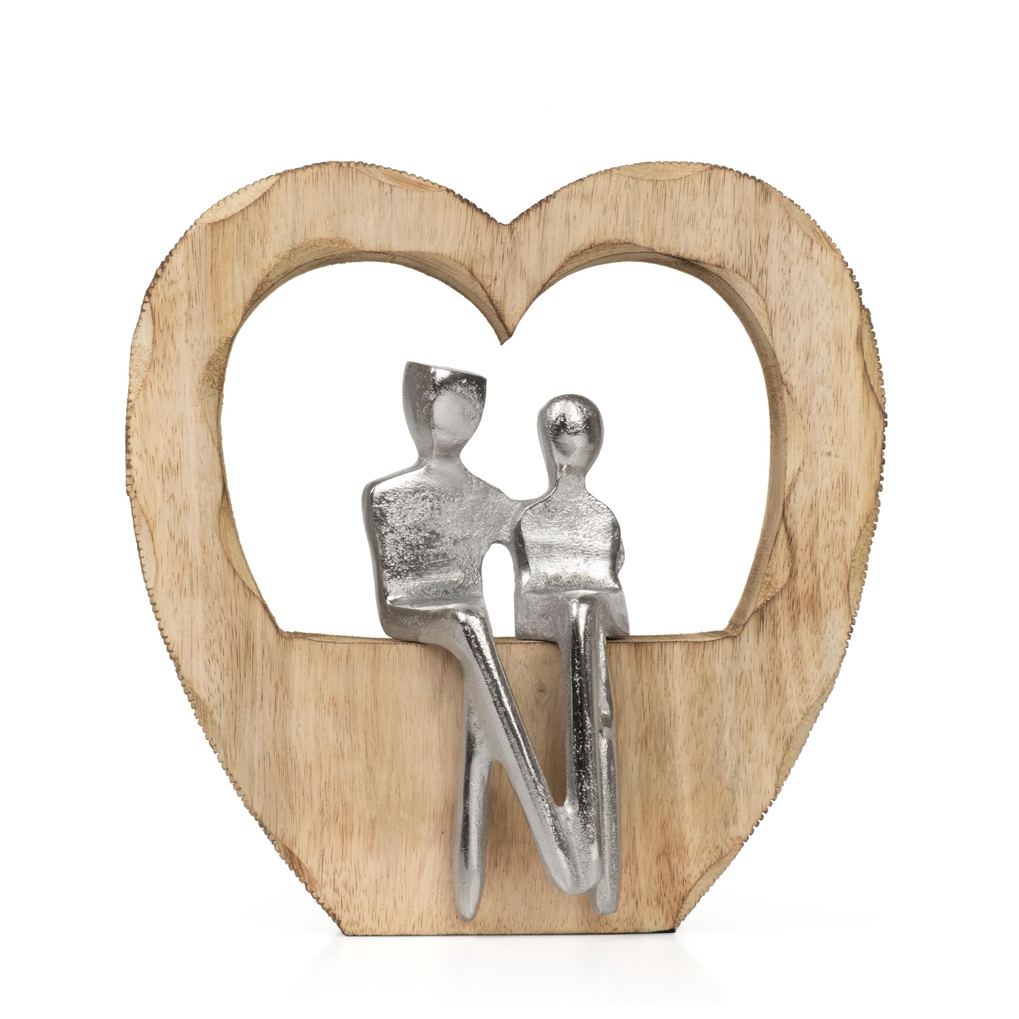 Moritz Figurka dekoracyjna Heartbound 25,5 cm z drewna mango i aluminium rzeźba w kształcie serca z motywem dwóch osób symbol miłości bliskości i bezpieczeństwa, nowoczesna dekoracja, rękodzieło