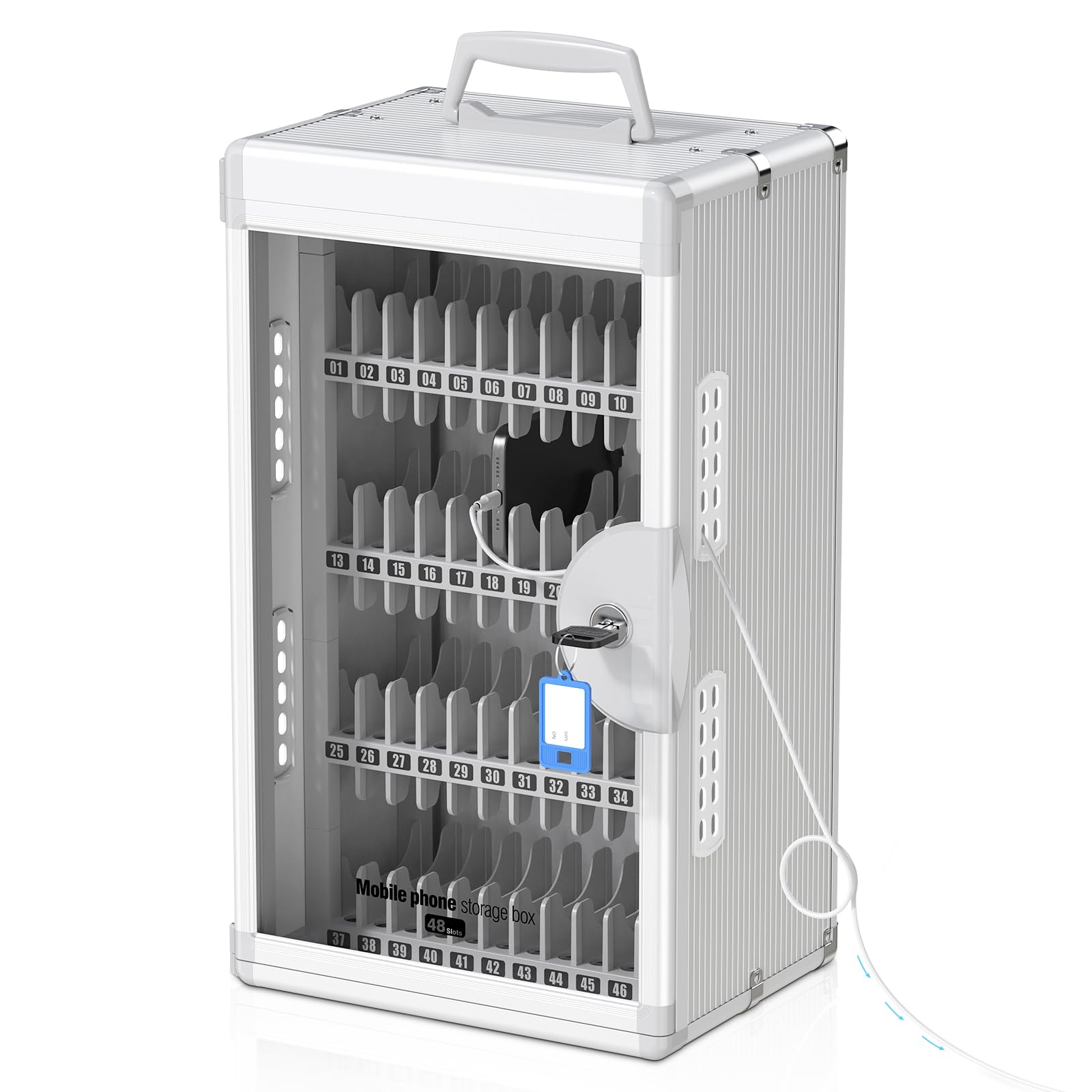 Glosen Casier pour Téléphones 48 Emplacements avec Serrure à Clé et Ports Recharge Type-C, Fixation Murale, Argenté