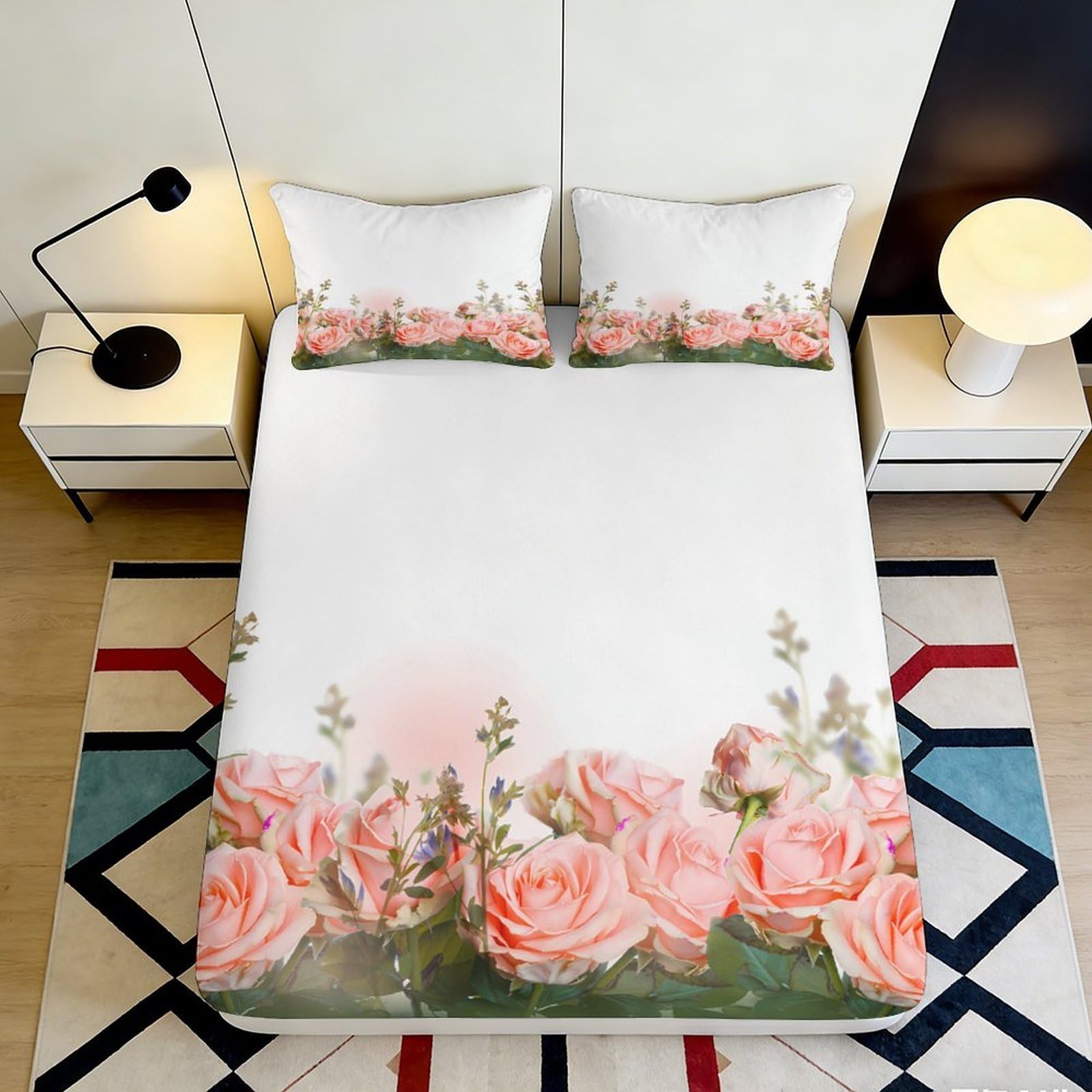 Uynsixtme Style-2 3D Printed Rose Fitted Sheet Microfiber Deep Pocket Elastic Hem Bedroom Bedding Rose Mattress Fitted Cover Washable 200X200x25cm