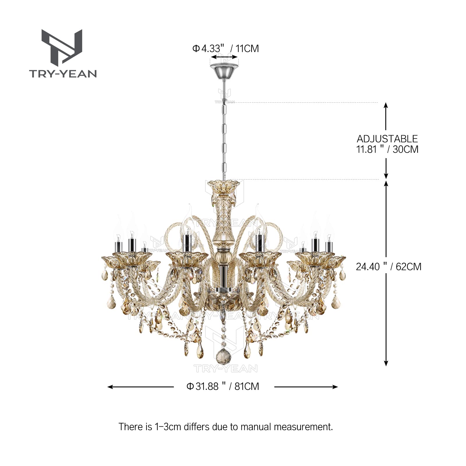 Lampada a 10 Braccia Moderno Lampadario in Cristallo Sospensione Cognac E14 Plafoniera Soffitto K9 Illuminazione Candela Regolabile per Camera da Letto, Soggiorno, Sala da Pranzo, Corridoio