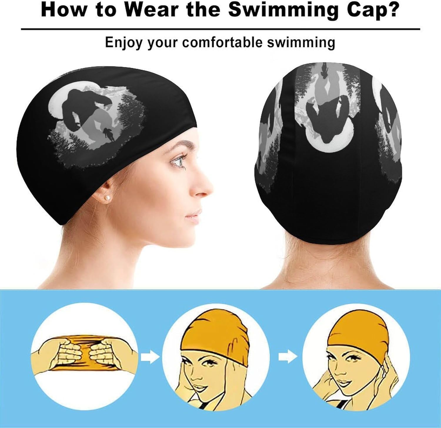 Bigfoot and Woman Running Away Womens Swim Cap for Men Adult Swimming Hat Curly Short Medium Long Hair
