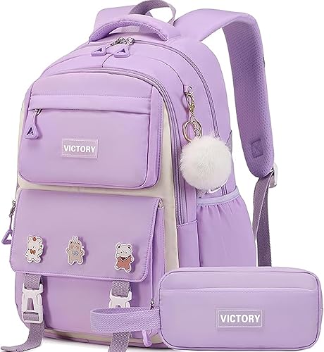 AO ALI VICTORY Mochila para mujeres y niñas, conjunto con estuche para lápices de 15.6 pulgadas, mochila escolar para computadora portátil, mochila