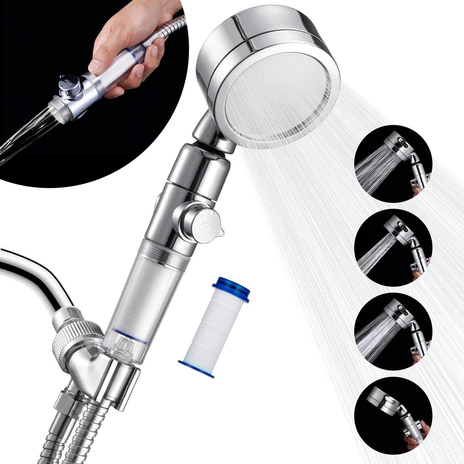 TUXBAWAY Shower head with PP Cotton Filter, Hose and Bracket - Handheld High Pressure Showerhead with Water Stop Switch Spray Pressure Adjustment, 4-Modes Shower Spray Shower for Dry Hair & Skin SPA