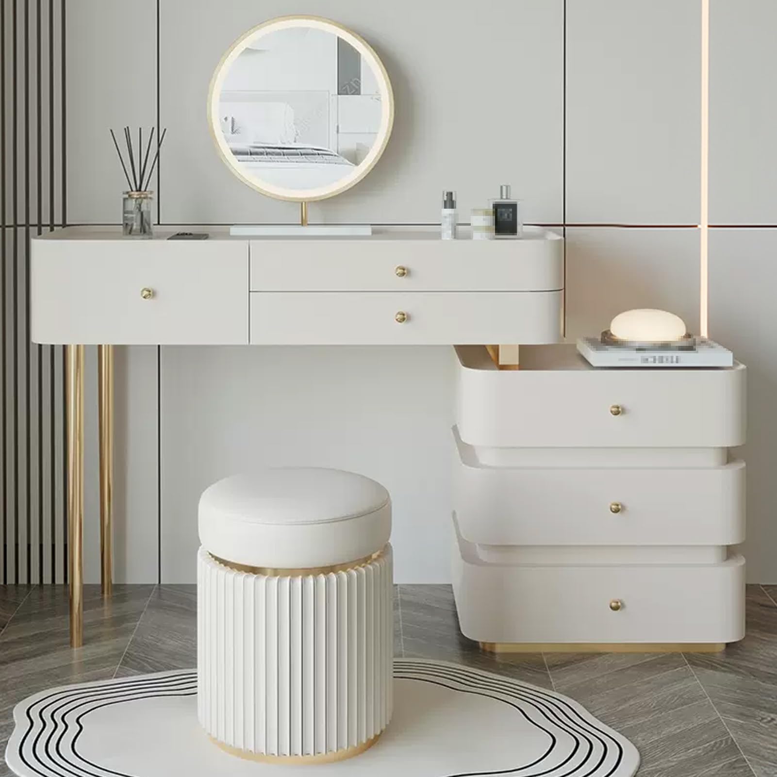 CGCSYZ Makeup Vanity Set, 6 Drawers Vanity Desk, Women Vanity Makeup Desk, Dressing Table with Light Mirror and Stool, Makeup Vanity Table with Movable Storage Cabinet, for Bedroom(100cm/39.3in)