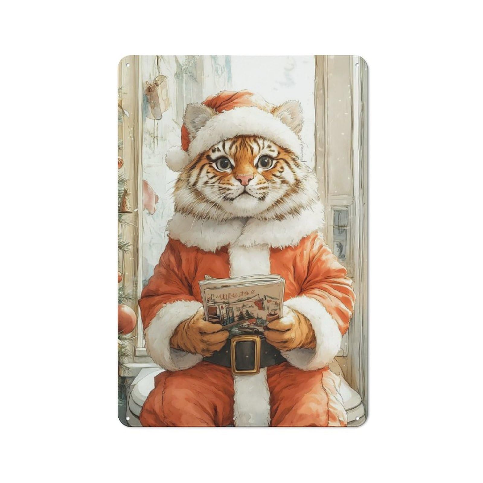 Junmoney Tiger Santa Claus Metal Plaque 30X20cm With For Garage Wall, Rustic Decor, For Vintage Wall Decor Fans, For Themed Room Decoration
