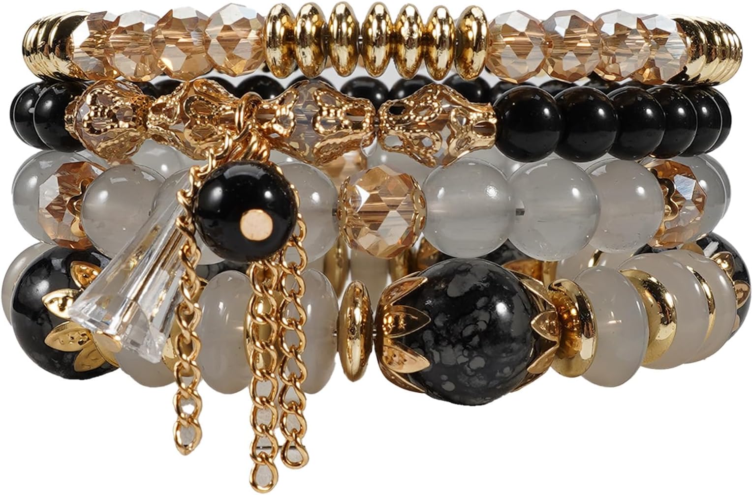 Bohemian Bracelet Sets for Women - 4-Pack Stackable Stretch Bead Bracelets with Black＆White Crystal & Gold Accessories, Multi-Layer Boho Jewelry for Holiday Gift
