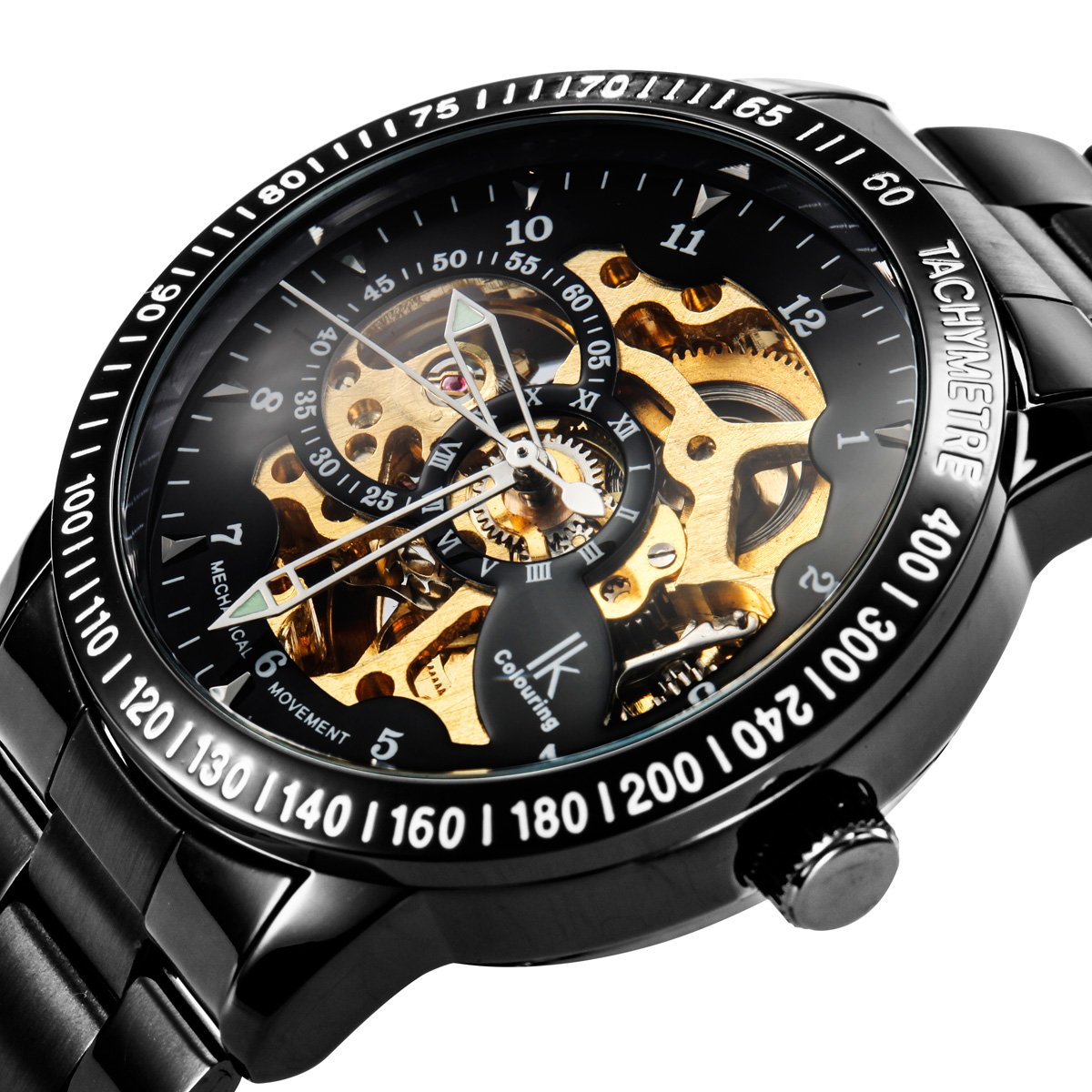 Alienwork IK Reloj Automático Hombre Mujer Negro Pulsera de Metal Acero Esqueleto Fondo de Vidrio
