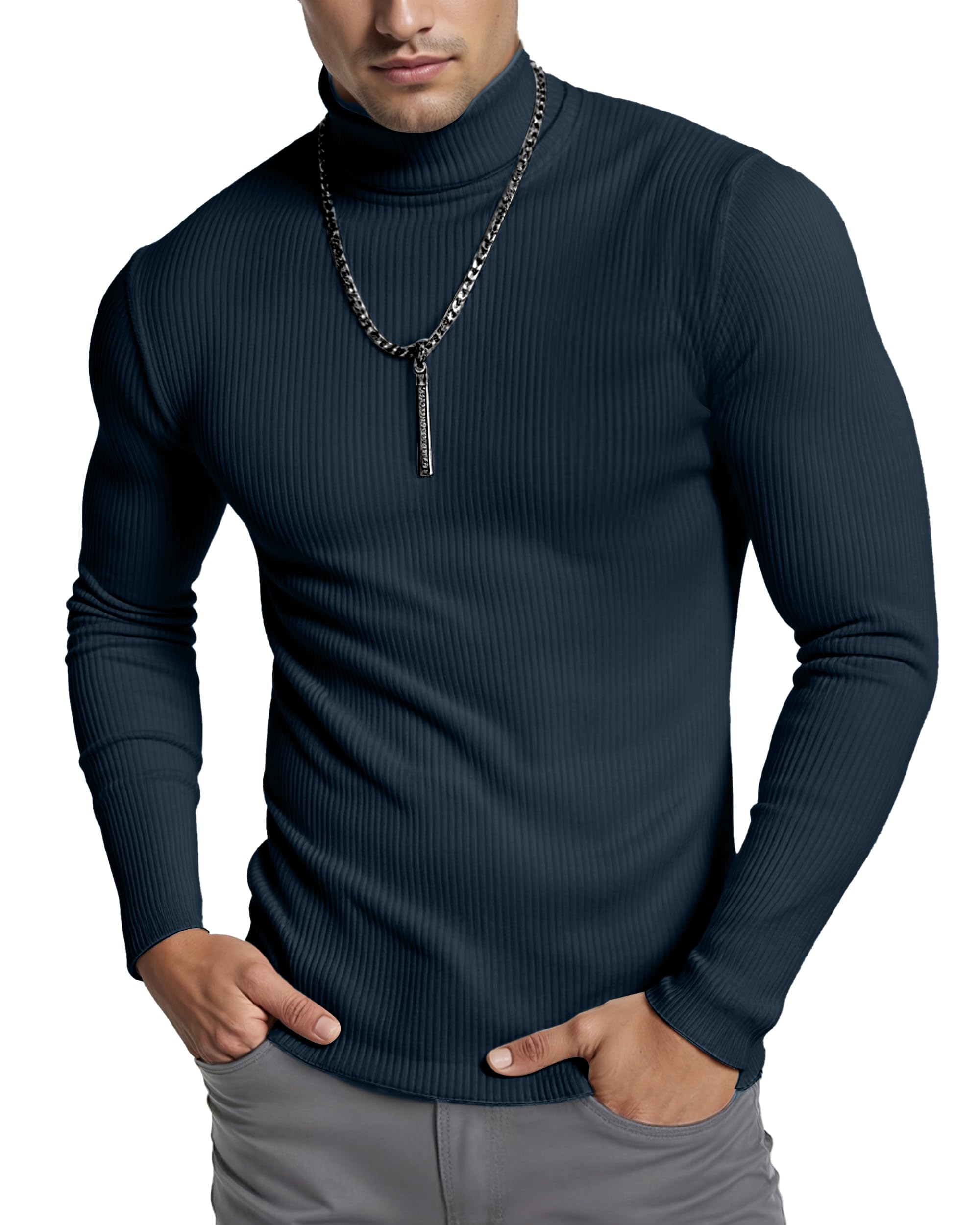 NY Threads Men's Ribbed Turtleneck Slim Fit Pullover Casual Long Sleeves Basic Top, Medium, Navy