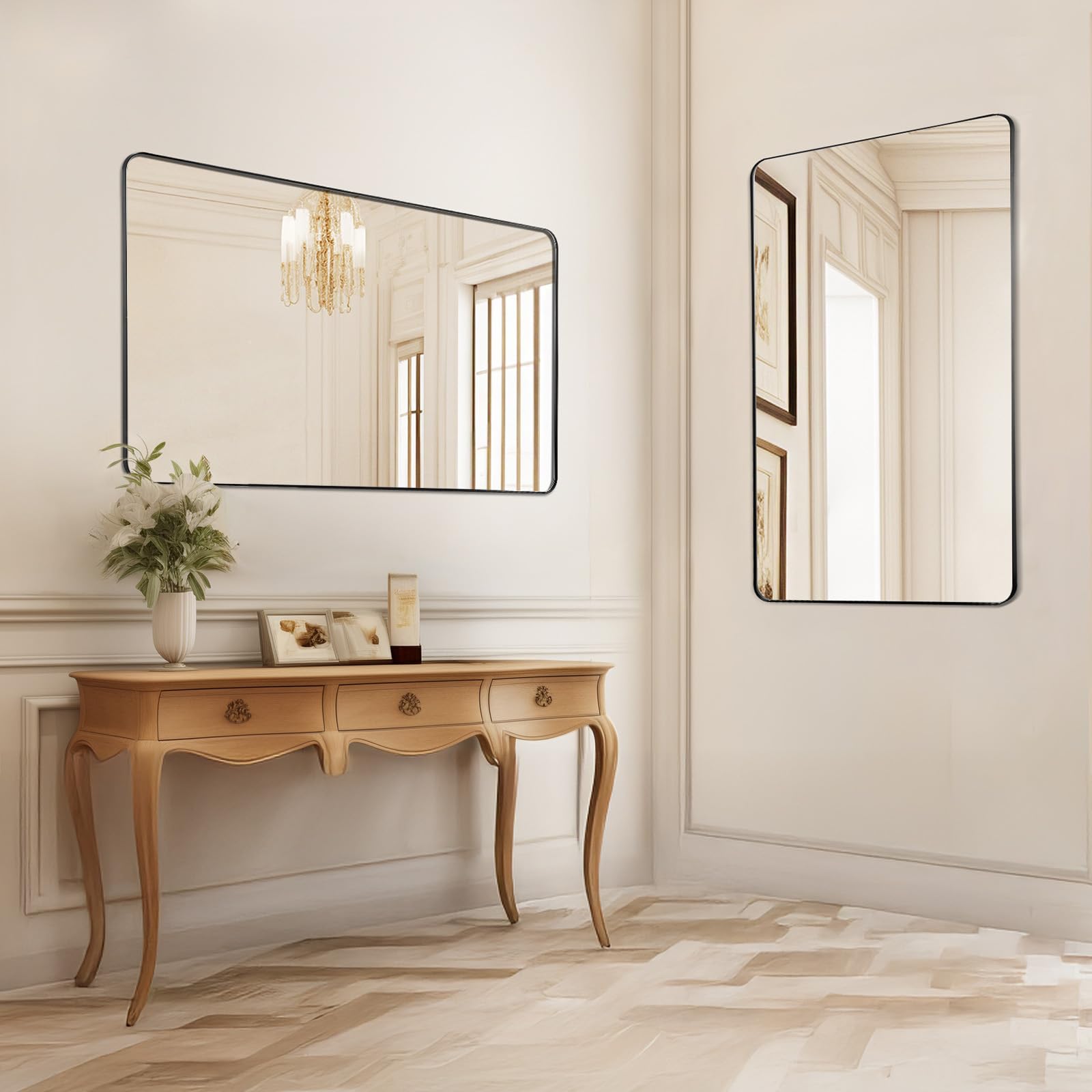 VEVOR Espejo de Pared Espejo de Maquillaje Espejo de Baño 915 x 610 x 25 mm Espejo Rectangular Marco de Aleación de Aluminio Negro con Soporte en Forma de Z para Baño Dormitorio Sala de Estar