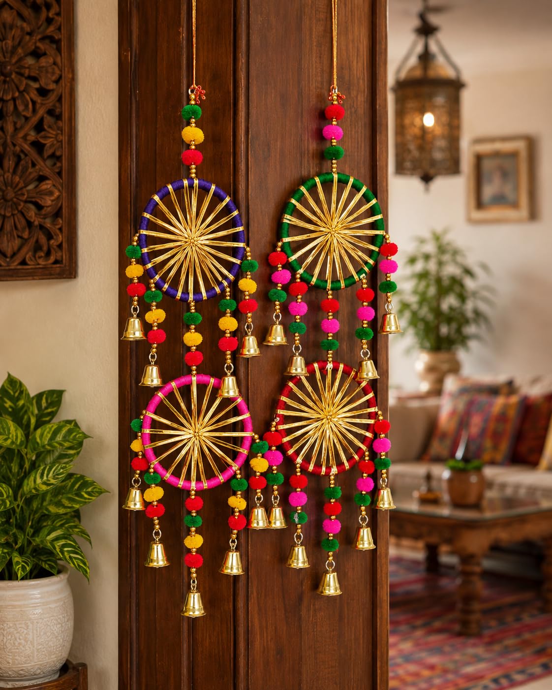 Handcrafted Chakri Wind Chime with Pom Poms and Brass Bells 2 Set | Multicolour Design, Double Chakri Rings, Wall Hanging Decor, Festive Home Decor, Thread Wrapped Rings-image-37