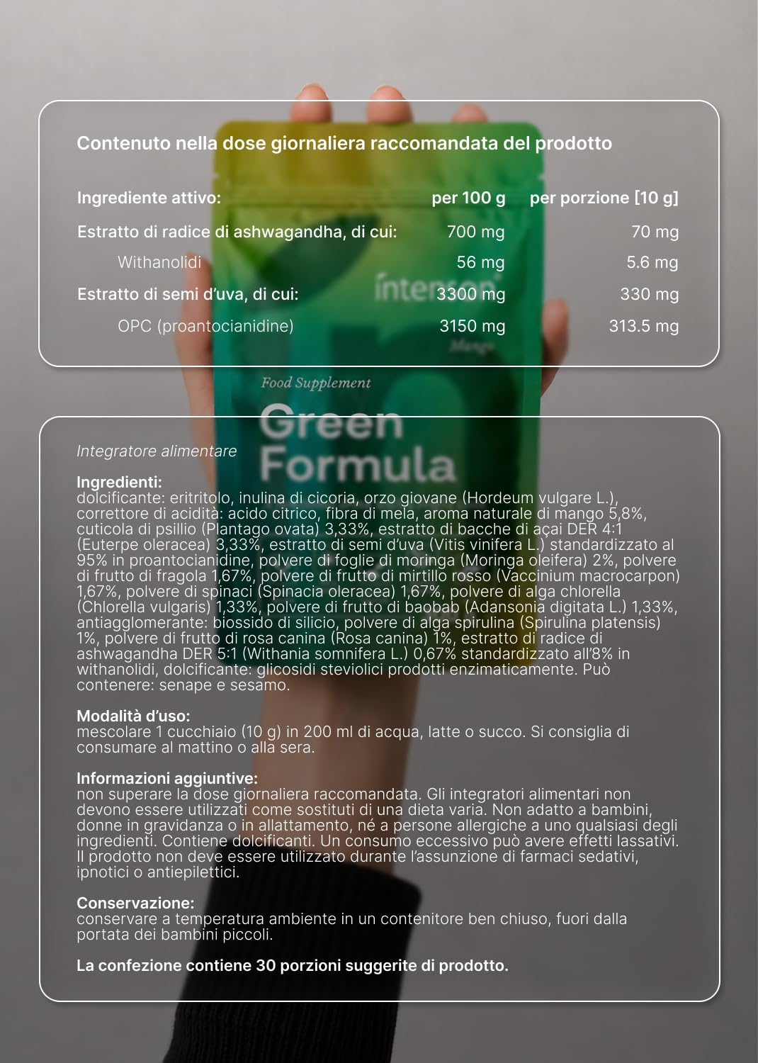 Intenson Green Formula Mango, Super Greens in Polvere, Superfood Blend con Chlorella, Spirulina, Ashwagandha con OPC e Moringa, Senza Zucchero, Naturalmente Dolcificato, Bevanda Funzionale, 300 g