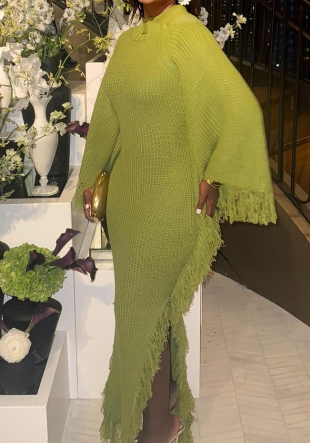 Vaceky Fringe Sweater Dresses Women Trendy Mock Neck Big Bell Sleeve High Slit Dress - Image 3