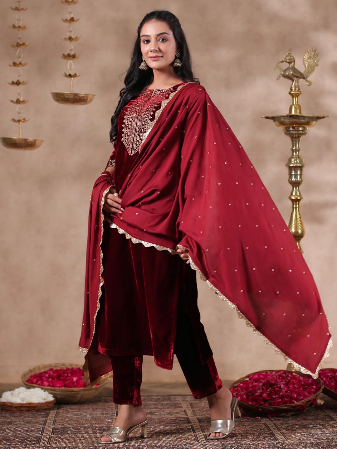Ishin Women's Velvet Yoke Design Zari Maroon Straight Kurta Suit Set With Trousers & Dupatta