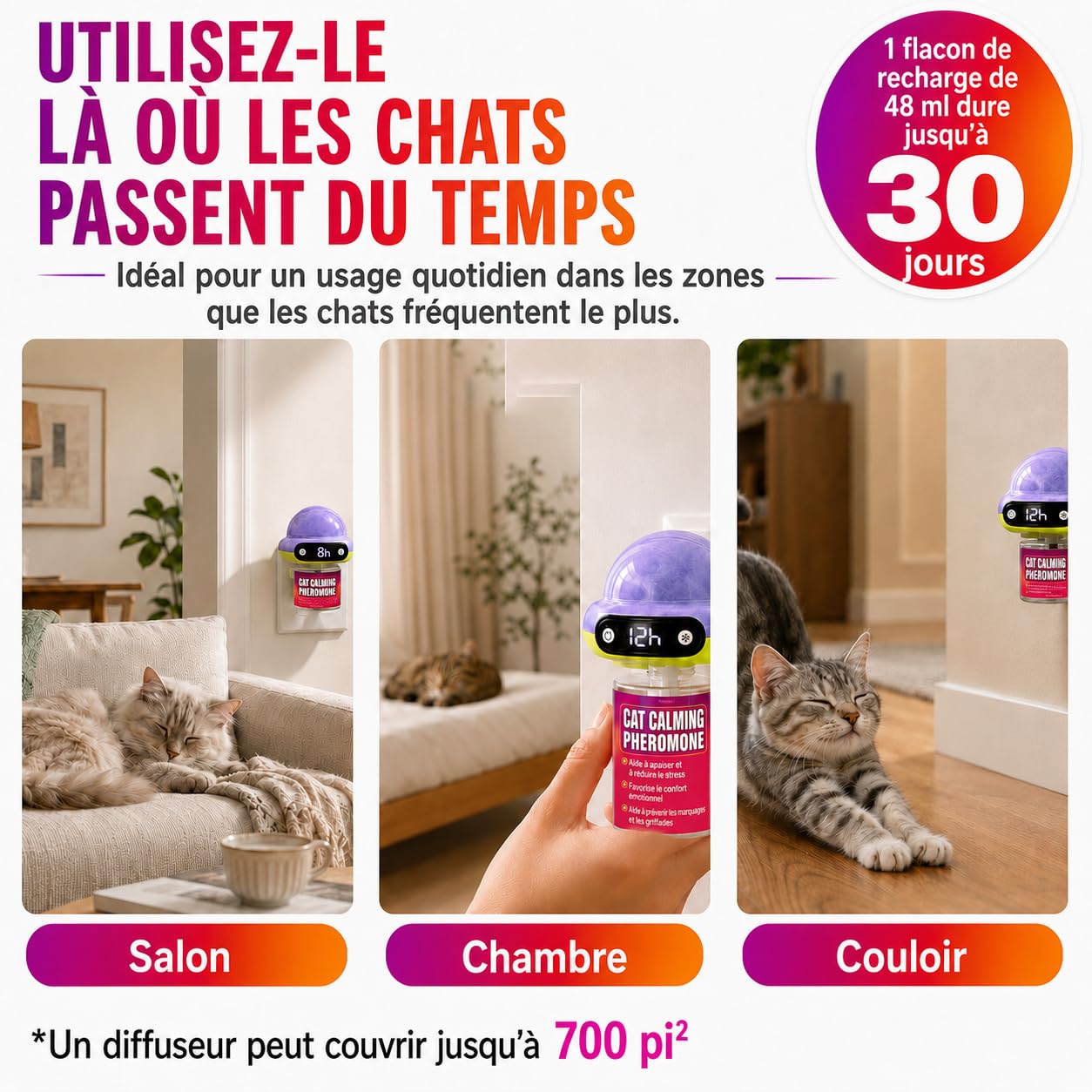 Lot de 6 diffuseurs de phéromones apaisants pour chat avec minuterie numérique de 48 ml