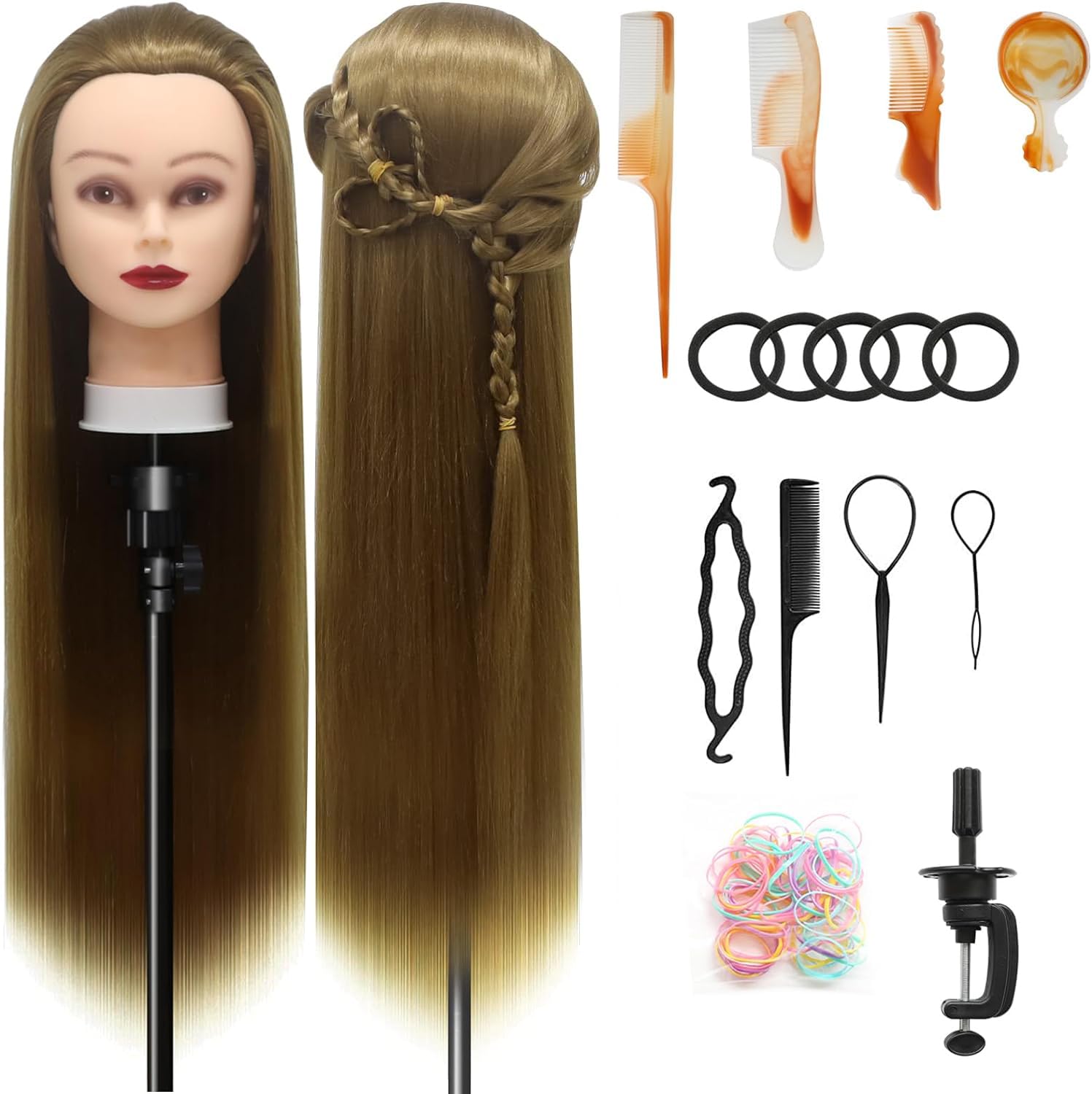 Trainingsköpfe, 28 inch Frisierkopf für Frisöre 100% Synthetikfaser-Haar Übungskopf,mit DIY Stricken Kit und kostenlose Tabelle Clips (27#)