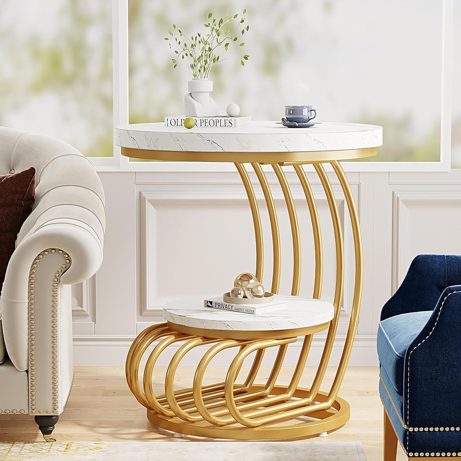 WoodenZone Round End Table, 2-Tier Metal Coffee Table with Open Storage Shelf for Living Room, Marble Look Indoor&Outdoor Tea Table for Home and Office (Gold White)-image-43