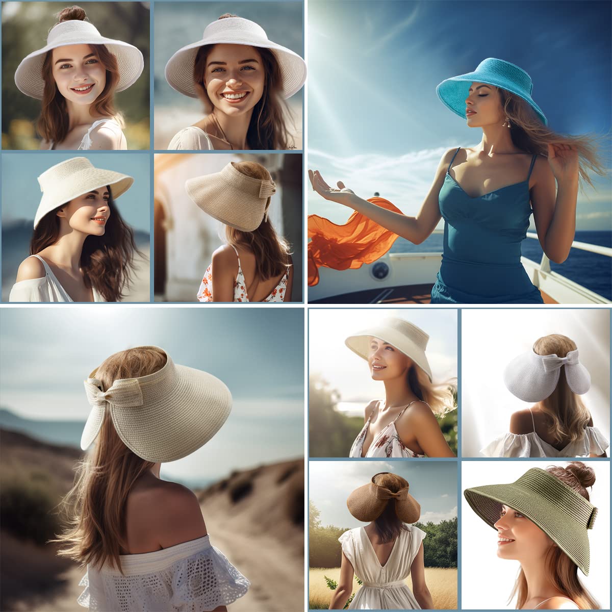 Viseras solares plegables para mujer, sombrero de paja de ala ancha para verano, playa, sombrero de paja enrollable, A01 Blanco, para 22-23.2(7, 7 1/8, 7 1/4) 7