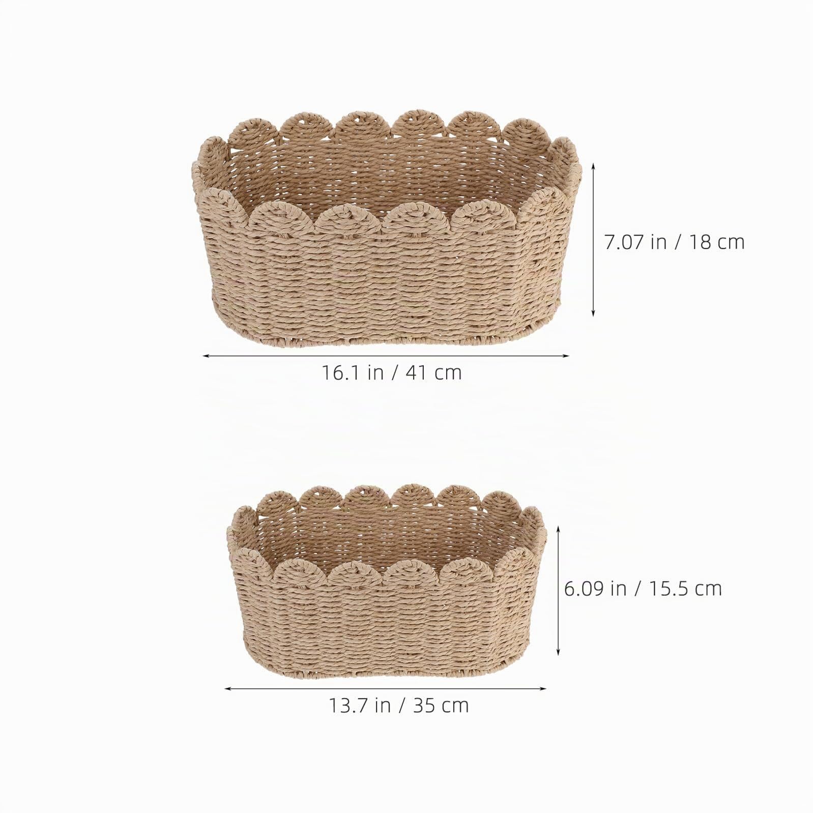 Cestini Intrecciati Set 2 Beige, Corda di Carta, Bordo Smerlato