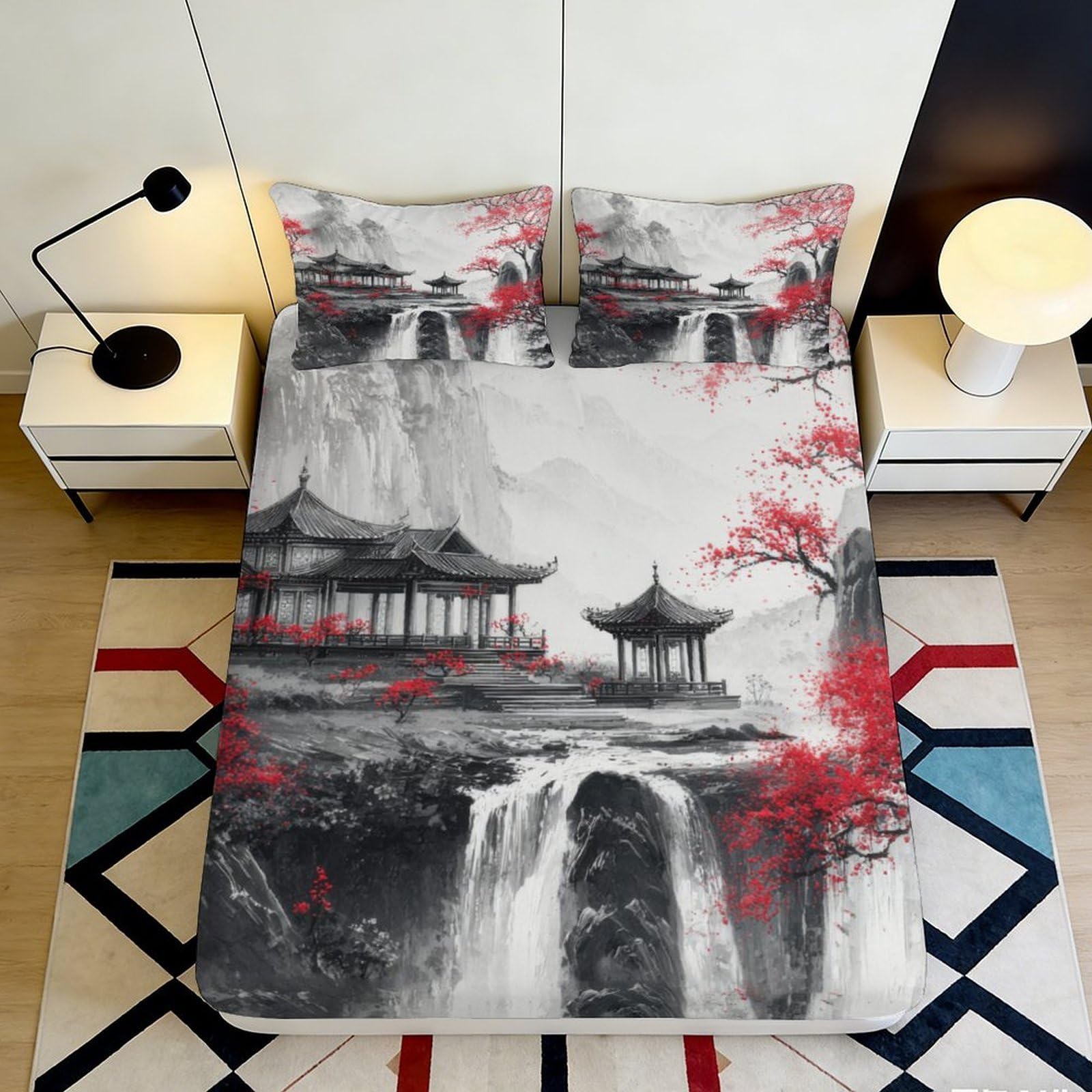 Pnayamiorkfel Style-2 3D Printed Chinese Ink Landscape Fitted Sheet Microfiber Soft Red Sakura Pagoda Bed Cover Bedroom Decor 90X200x25cm