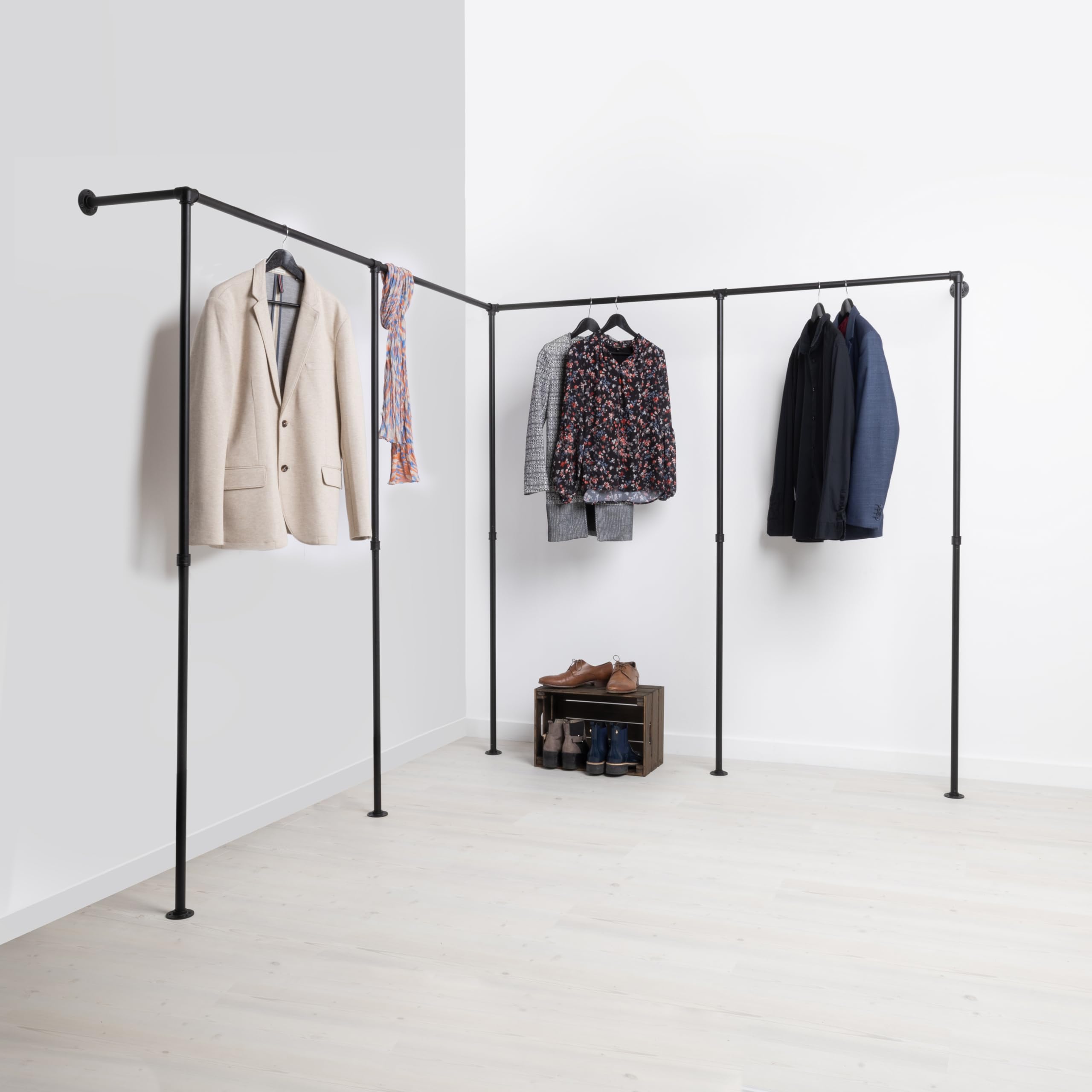 KLEIDEREISEN Kleiderstange Ecke - Geeignet als Ankleidezimmer oder als begehbarer Kleiderschrank - Industrial Kleiderstange wandmontage - Garderobe im Industrial Style