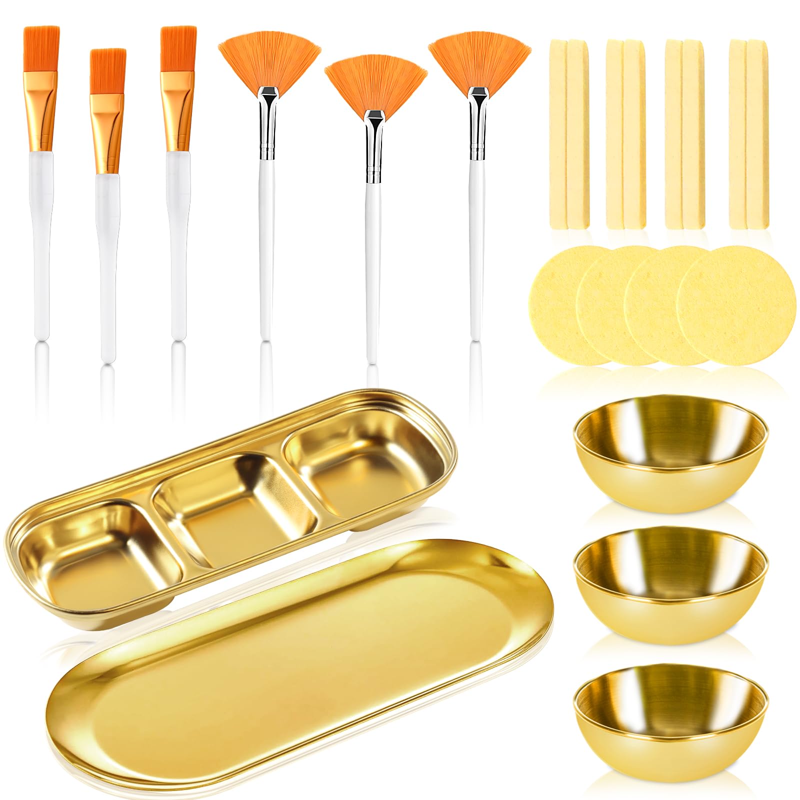 23 Pcs Esthetician Supplies 3 Stainless Steel Gold Mixing Bowls Gold Small Serving Tray 3 Compartment Serving Tray 3 Facial Fan Brushes 3 Face Mask Applicator Brush 12 Facial Sponge Compressed Round