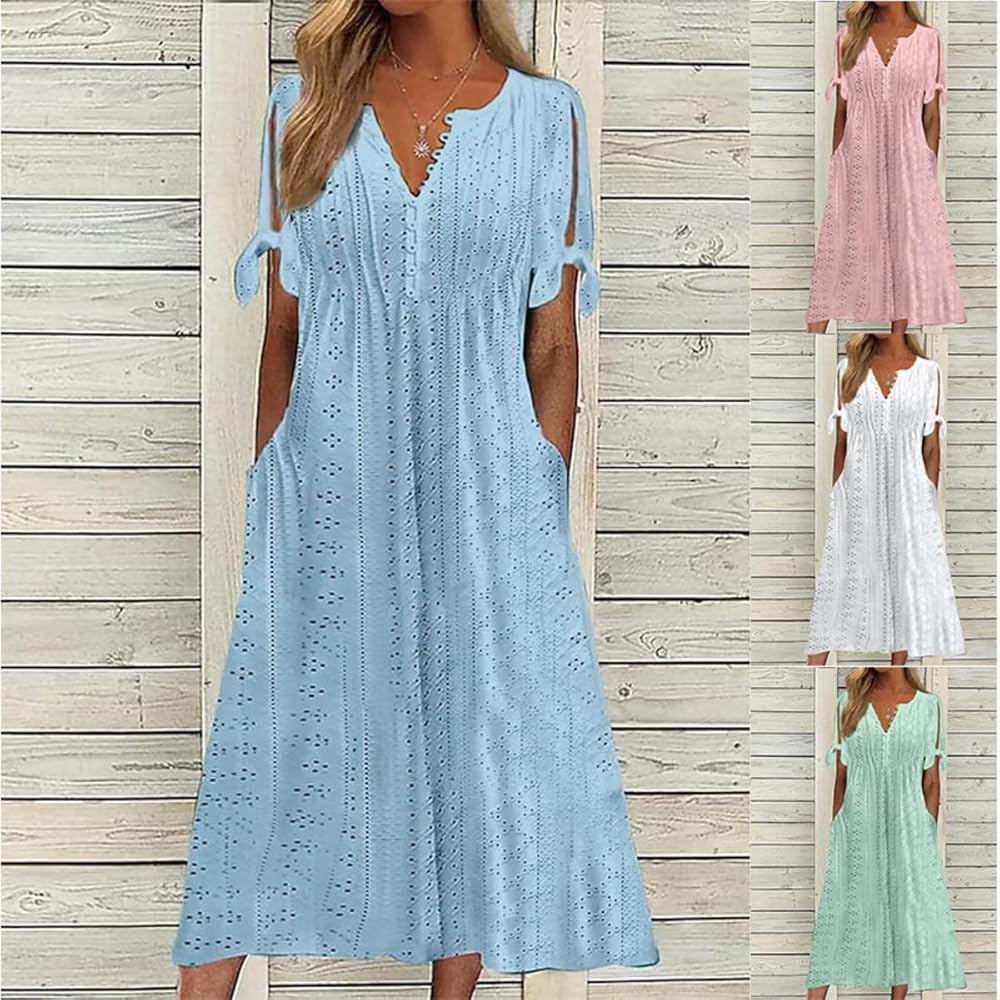 Women Dress for Summer 2024 High Waisted V-Neck Midi Dress