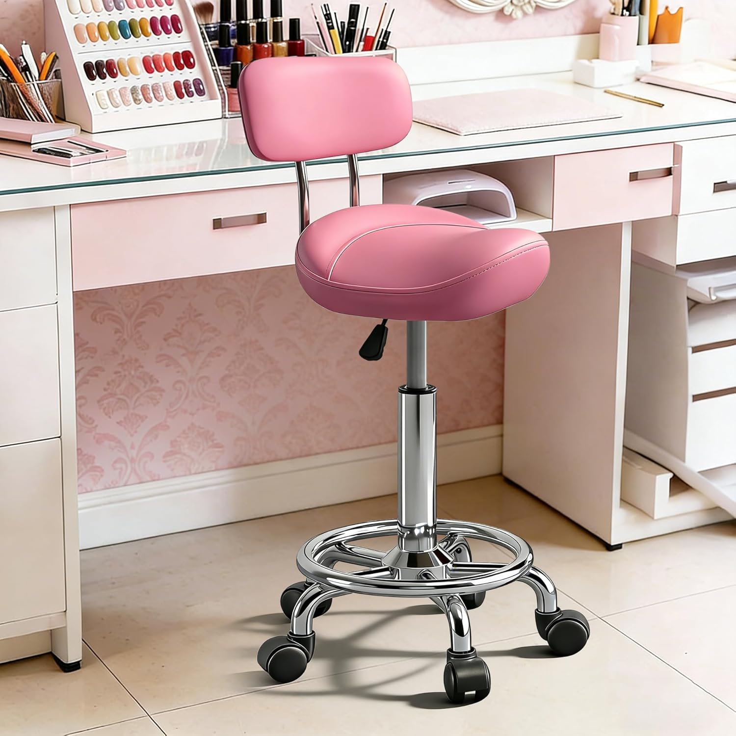 Saddle Stool with Back and Ring Pedal, Adjustable Hydraulic Rolling Chair with Wheels for Salon, Spa, Medical, Massage & Drafting Use Pink