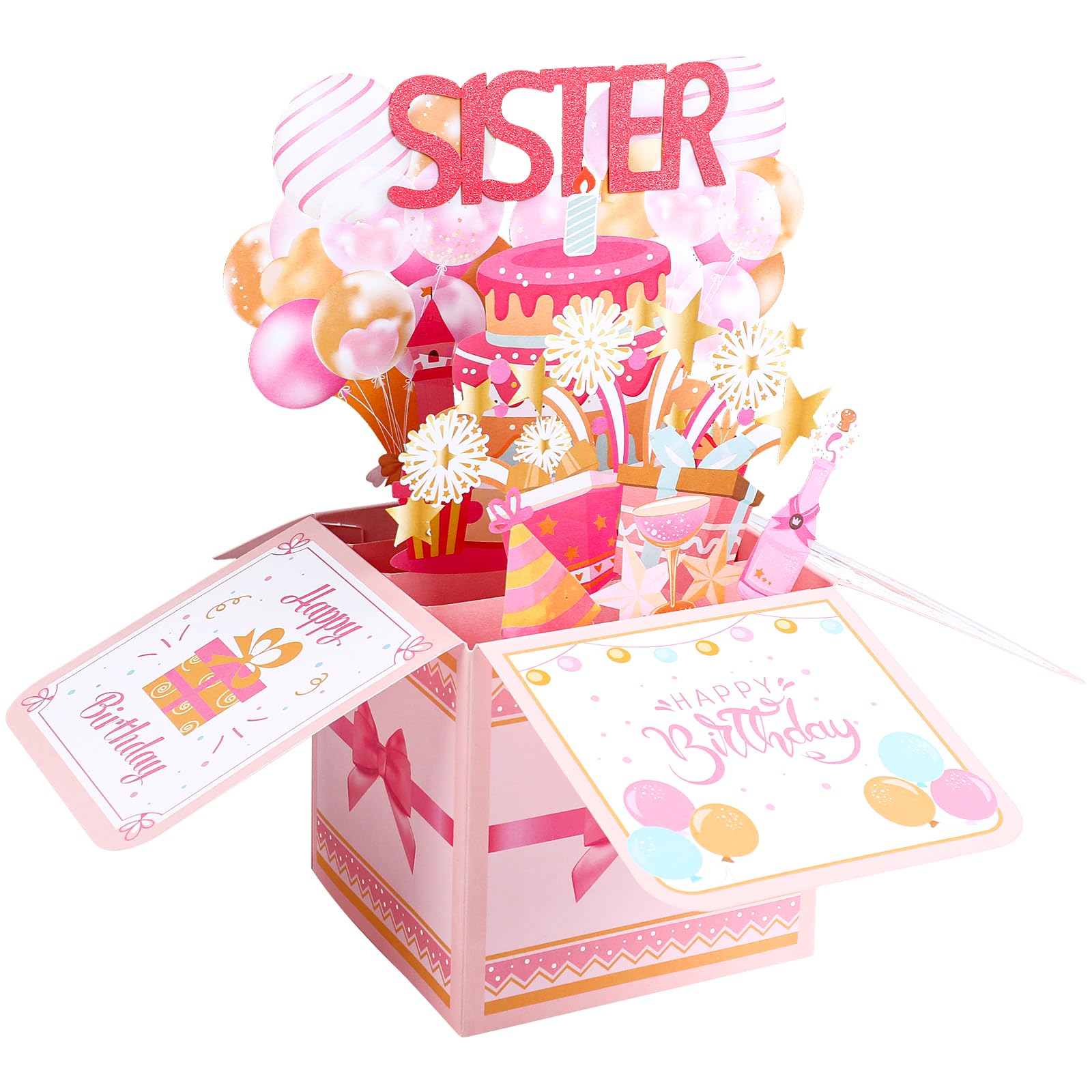 STEFORD Tarjeta desplegable de feliz cumpleaños para hermana, tarjeta de cumpleaños 3D para hermana con sobre, globos, fuegos artificiales, tarjetas de felicitación con tarjeta en blanco, regalos