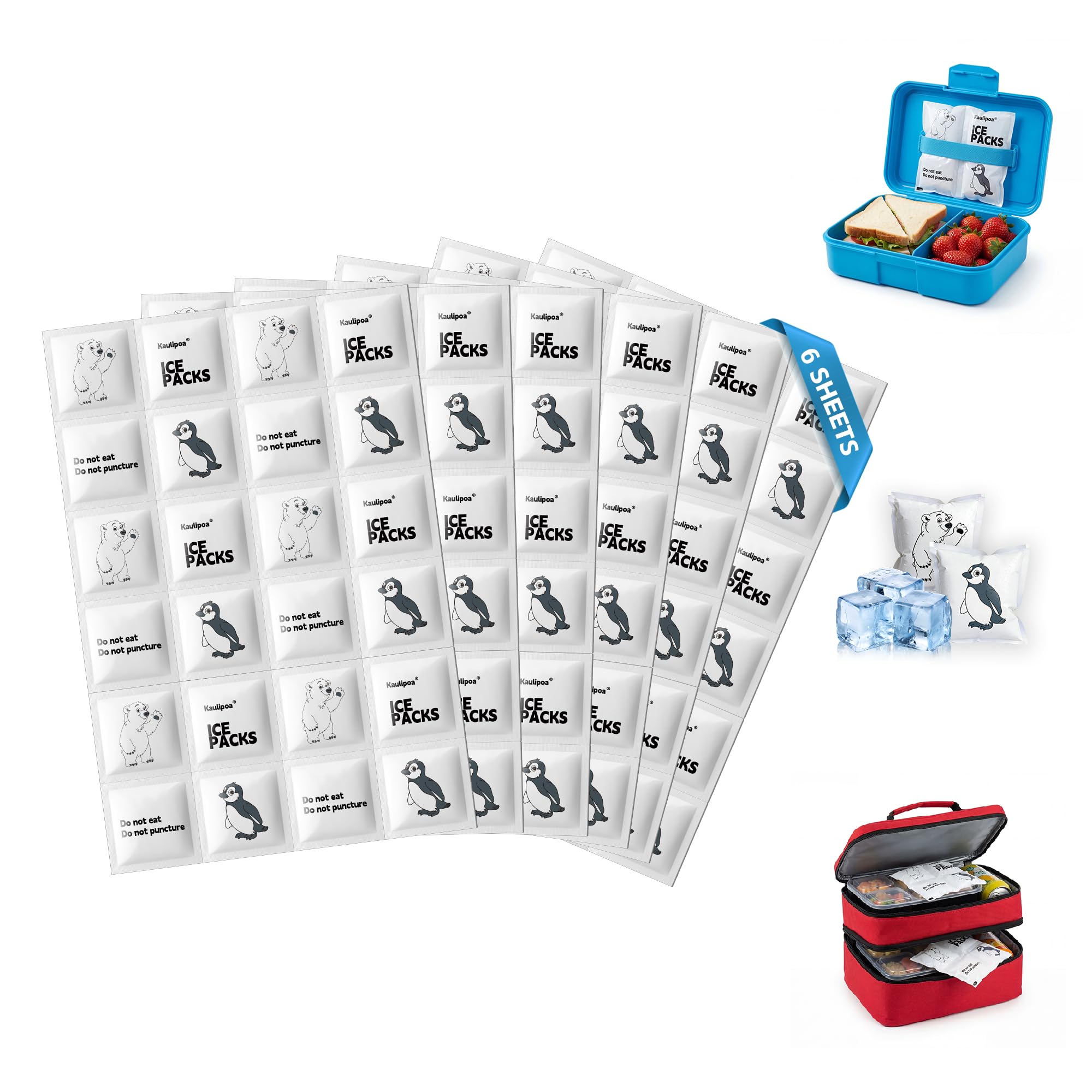 Kaulipoa Ice Packs for Cool Bags & Cool Boxes, 6 Sheets Cut-to-Size Flexible Freezer Blocks, Slim Reusable Ice Sheets for Lunch Bags, Picnics & Camping, No-Leak Flat Cool Packs (144 Cells)