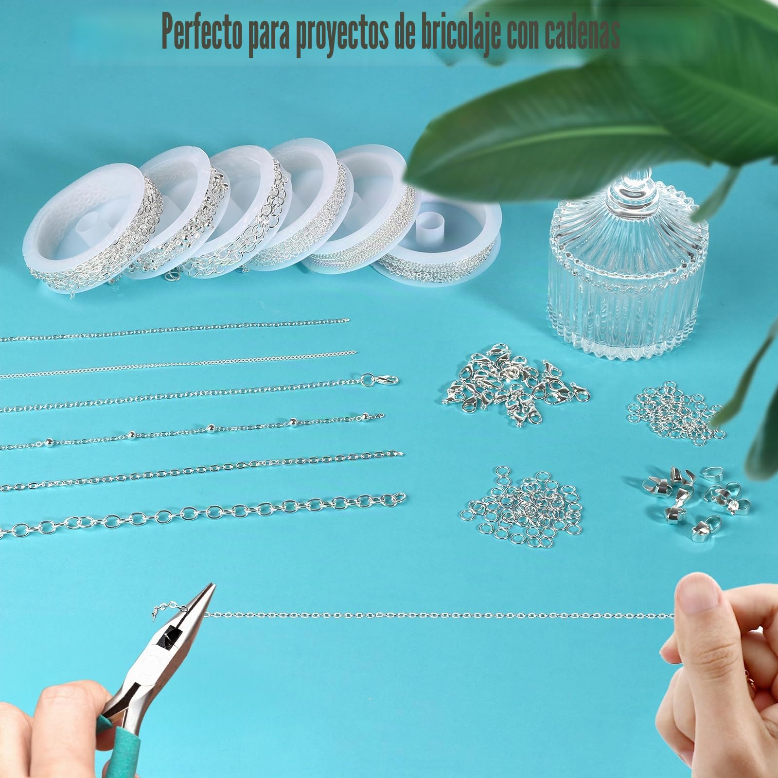 Draupnir 14m 6 Rollos Cadenas Hacer Joyas, Cadena de Collar Plata Kit Cadena Eslabones con Cierres de Langosta, Anillos de Salto y Cierre en Forma de U para Accesorios DIY Hacer Joyas