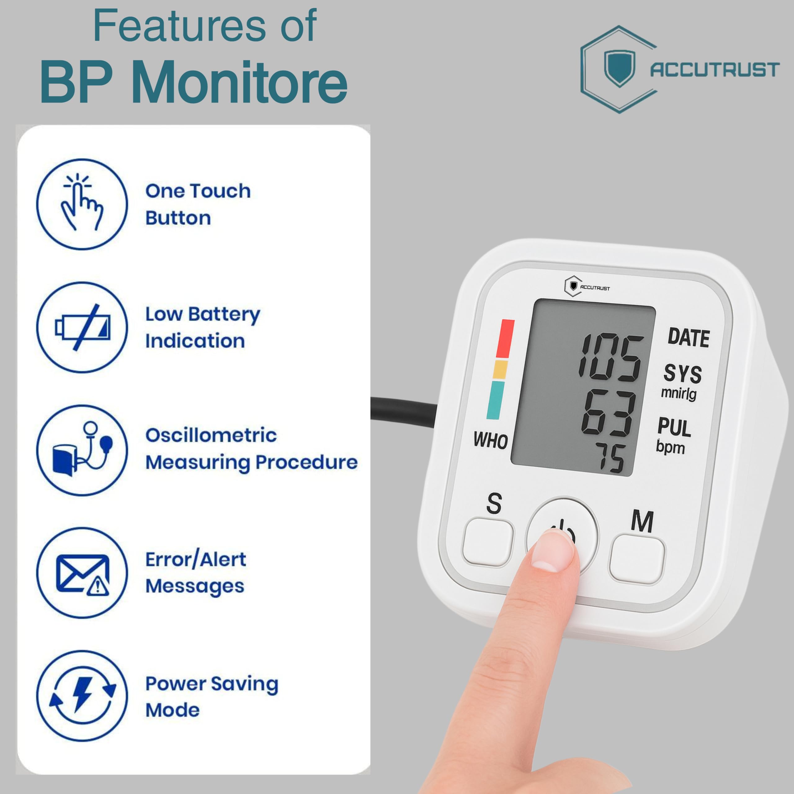 AccuTrust Professional Digital BP Monitor with Talking Feature and Wide LCD Display | Upper Arm Blood Pressure Machine for Adults & Family Smart Arm Blood Pressure Monitor with Guidance 3
